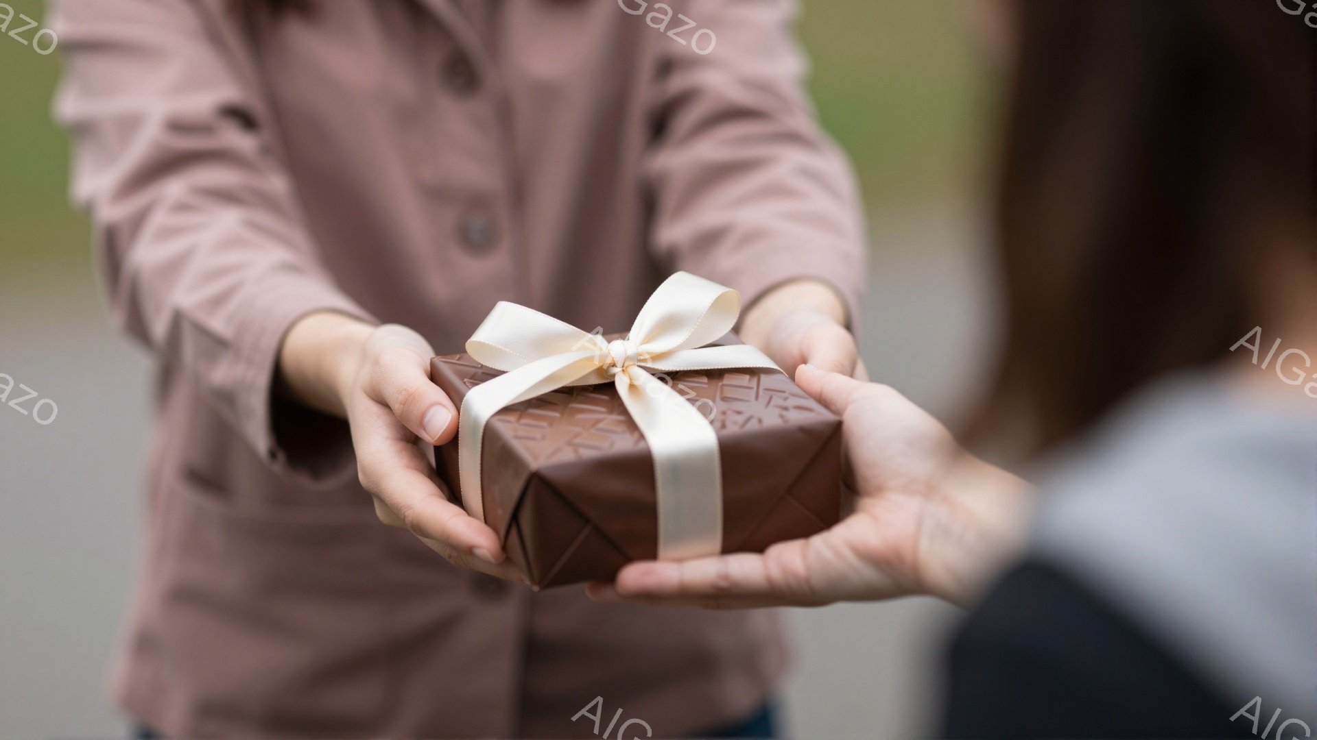焦げ茶色の包装紙で丁寧にラッピングされたプレゼントが、誰かへと渡されようとしている場面です。贈る人は薄茶色のジャケットを着ており、プレゼントを両手で差し出しています。背景はぼやけていますが、自然光の中で、温かく優しい雰囲気が漂っています。