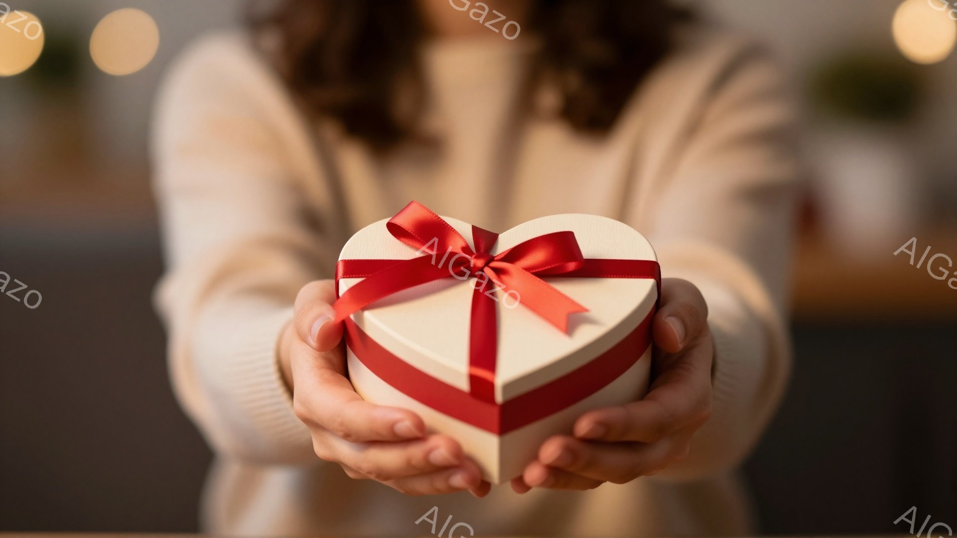 明るいセーターを着た女性が、両手でハート型の白いギフトボックスを差し出している。リボンは鮮やかな赤色で、丁寧に結ばれている。背景はぼかされており、温かい光が差し込み、愛情やプレゼントの喜びを感じさせる雰囲気である。