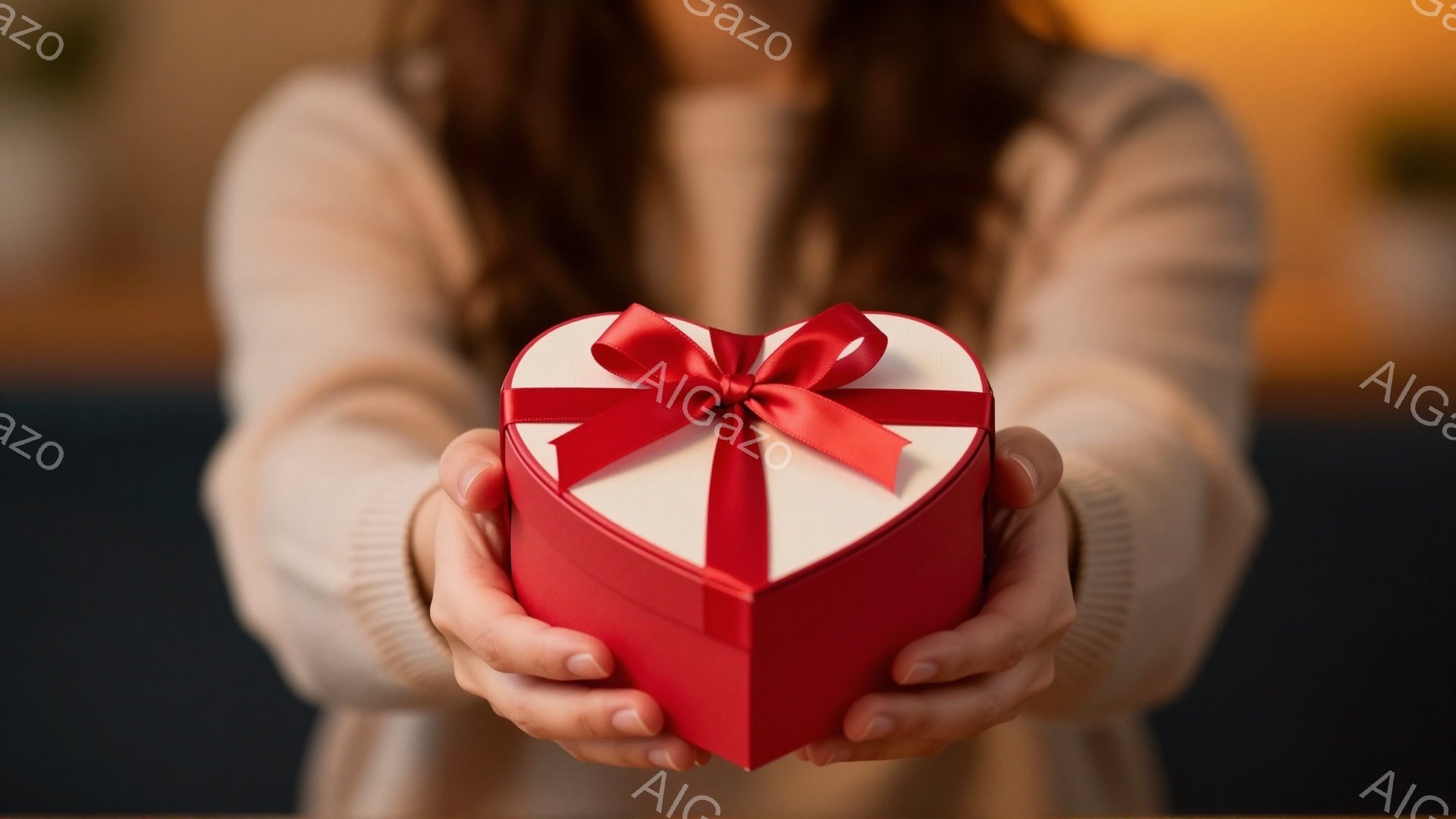 明るいクリーム色のセーターを着た人物が、両手で赤いハート型のギフトボックスを差し出している。ボックスには白いリボンと赤い弓飾りが付いており、贈り物や愛情を象徴しているようだ。背景はぼやけており、焦点は完全にギフトボックスと差し出す人物のジェスチャーに当てられている。