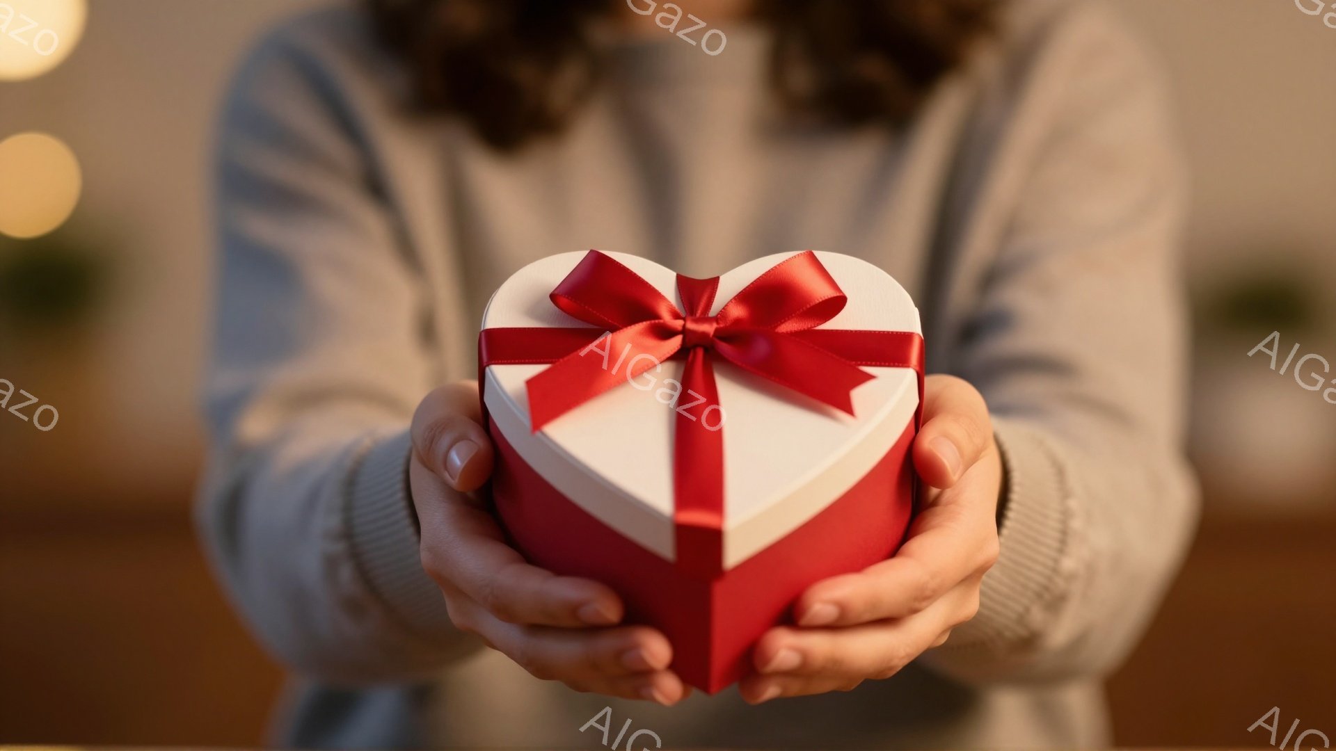 柔らかいセーターを着た人物が、両手でハート型の赤いギフトボックスを差し出している。背景はぼやけており、暖色系の光が点在し、ロマンチックな雰囲気を醸し出している。ギフトボックスは赤いリボンで飾られ、愛情や感謝の気持ちを表現しているかのように見える。