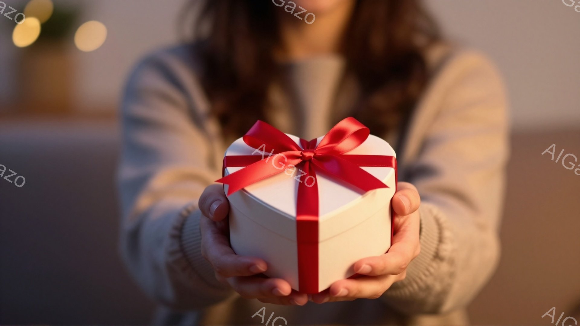 柔らかいベージュ色のセーターを着た女性が、両手でハート型の白いギフトボックスを差し出している。赤いリボンが丁寧に結ばれており、贈り物に対する温かい気持ちが伝わってくる。背景はぼかされており、室内であることがわかるが、焦点は贈り物に集中している。
