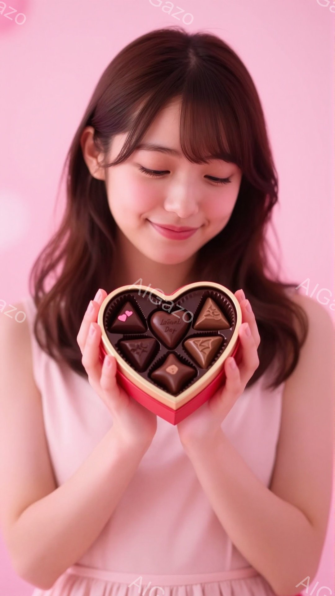 長い茶髪を肩で分けている若い女性が、ハート型のチョコレートの箱を両手で持っています。彼女は薄いピンク色の服を着ており、少し微笑んでいて、優しい表情をしています。背景はぼやけていますが、淡いピンク色で、 - AI生成フリー素材