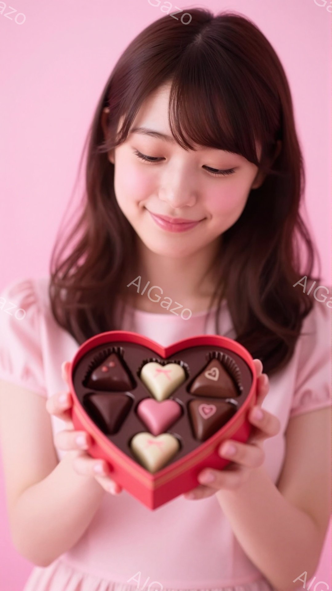 長い茶色の髪を肩から下で揺らし、白いトップスを着た若い女性が、ハート型の赤い箱に入ったチョコレートを持って微笑んでいます。彼女はチョコレートの箱を両手で持ち、優しく見つめており、表情は幸せそうです。背 - AI生成フリー素材