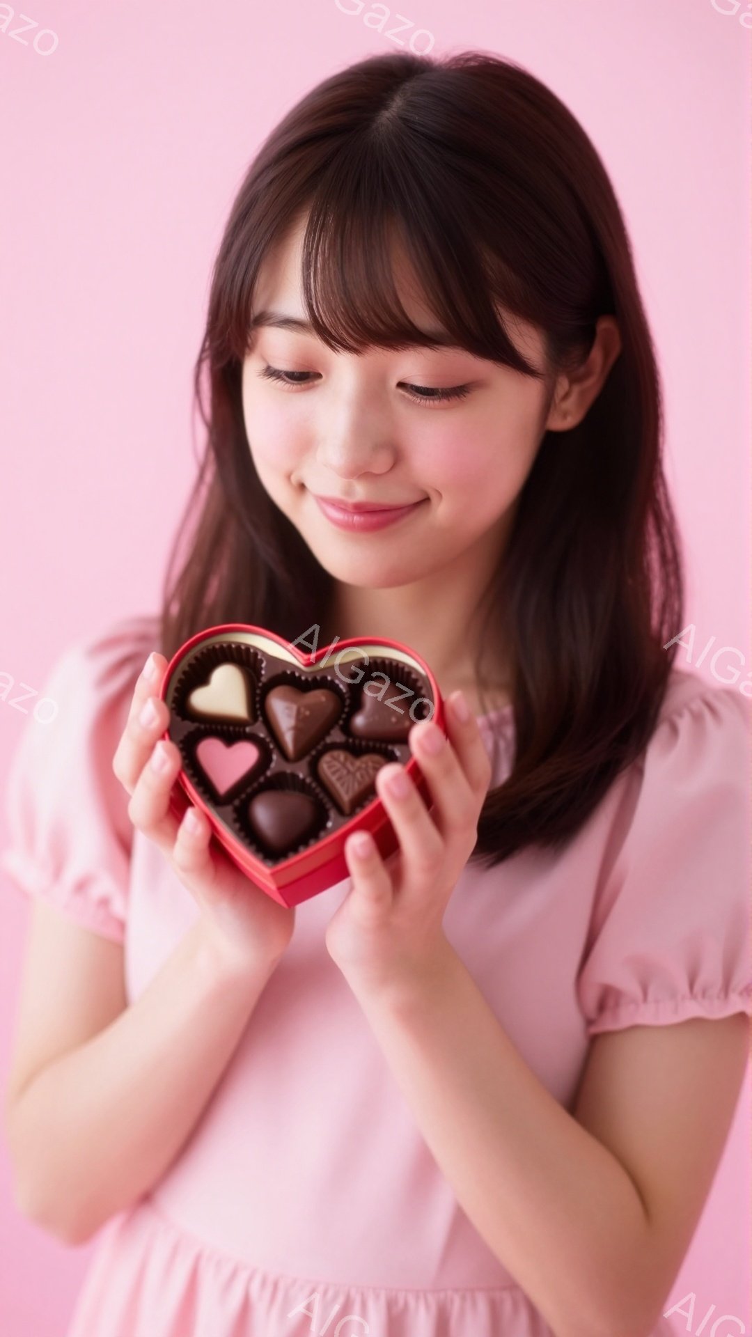 長い黒髪で、ふんわりとした前髪が特徴の女性が、ハート型の赤いチョコレートボックスを両手で抱えています。彼女は薄いピンク色のブラウスを着ており、柔らかい笑顔を浮かべています。背景は均一なピンク色で、ロマンチックで甘い雰囲気を醸し出しています。