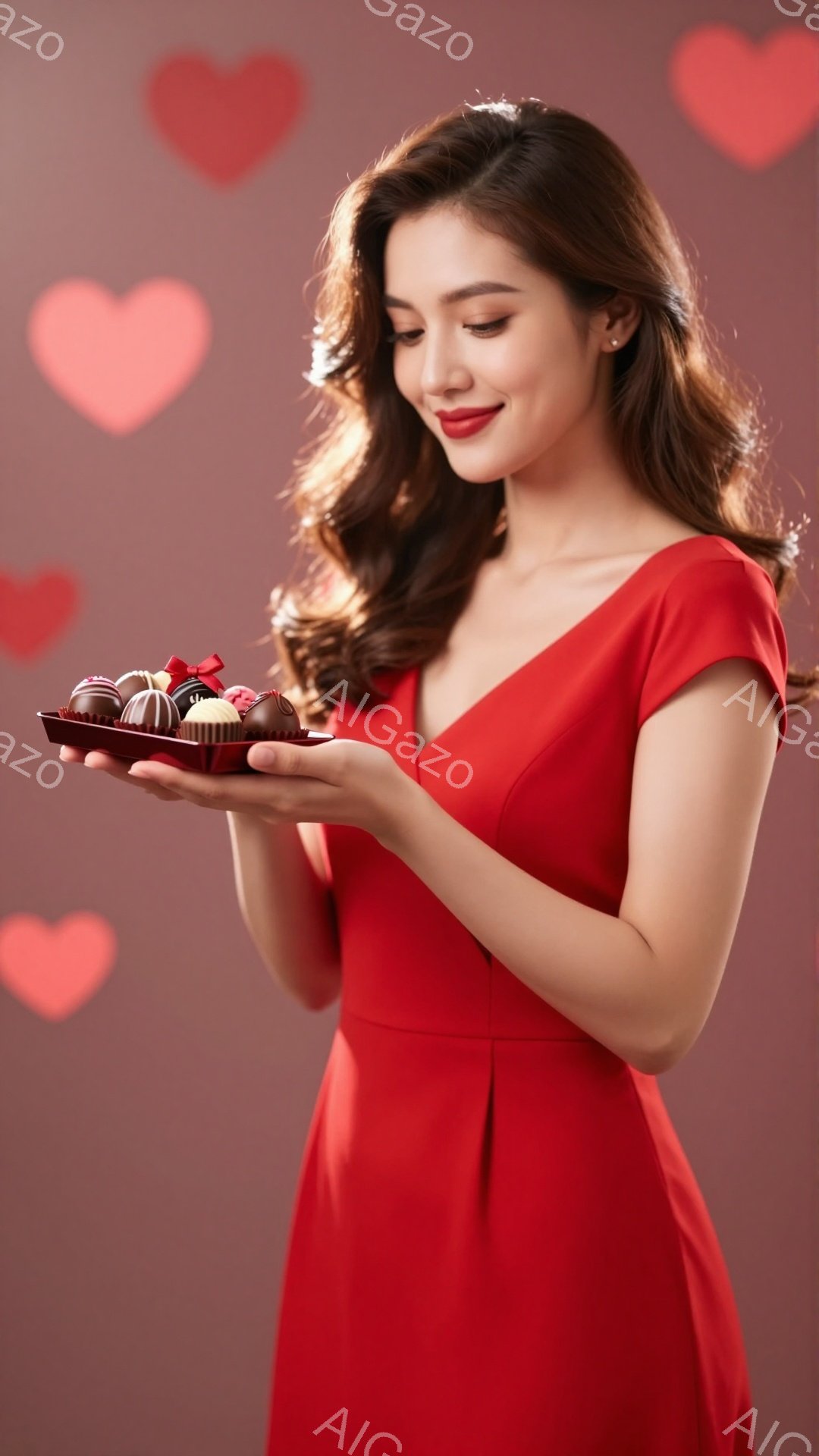 赤いワンピースを着た女性が、チョコレートが並んだお皿を両手で掲げています。彼女は髪をカールさせ、微笑みを浮かべ、魅力的な表情をしています。背景にはぼやけたハート型の模様があり、ロマンチックで温かい雰囲 - AI生成フリー素材