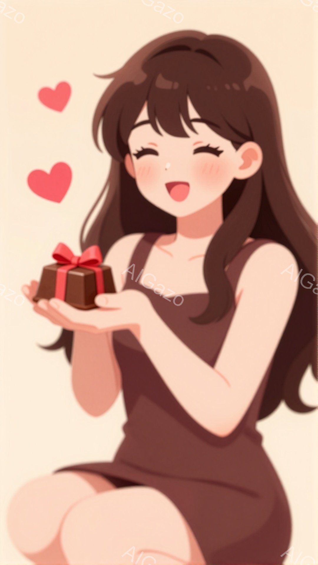 ダークブラウンの髪に前髪がぱっつんとした若い女性が、茶色のワンピースを着て、片手に小さな茶色のギフトボックスを持っています。彼女は微笑んでおり、喜びと幸福な表情をしています。背景は淡いピンク色で、ハートの形をしたモチーフがいくつか浮かんでおり、甘くロマンチックな雰囲気を醸し出しています。