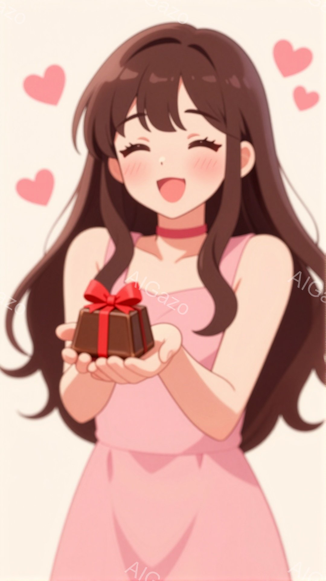 長い茶色の髪をした若い女性が、ピンク色のドレスを着て、小さな赤いリボンで結ばれた茶色のギフトボックスを手前に広げて持っています。彼女は笑顔で、嬉しそうな表情をしており、背景にはピンク色のハートが散りば - AI生成フリー素材