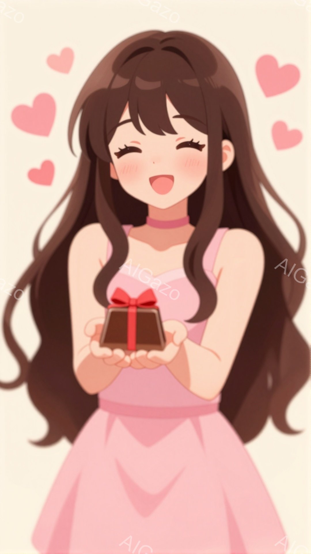 長い茶色の髪を持つ少女が、ピンク色のワンピースを着て、両手に茶色いリボン付きの箱を抱えています。彼女は微笑んでおり、頬は赤く染まっています。背景は淡いベージュ色で、周囲にはハートのイラストが散りばめられており、優しい雰囲気を醸し出しています。