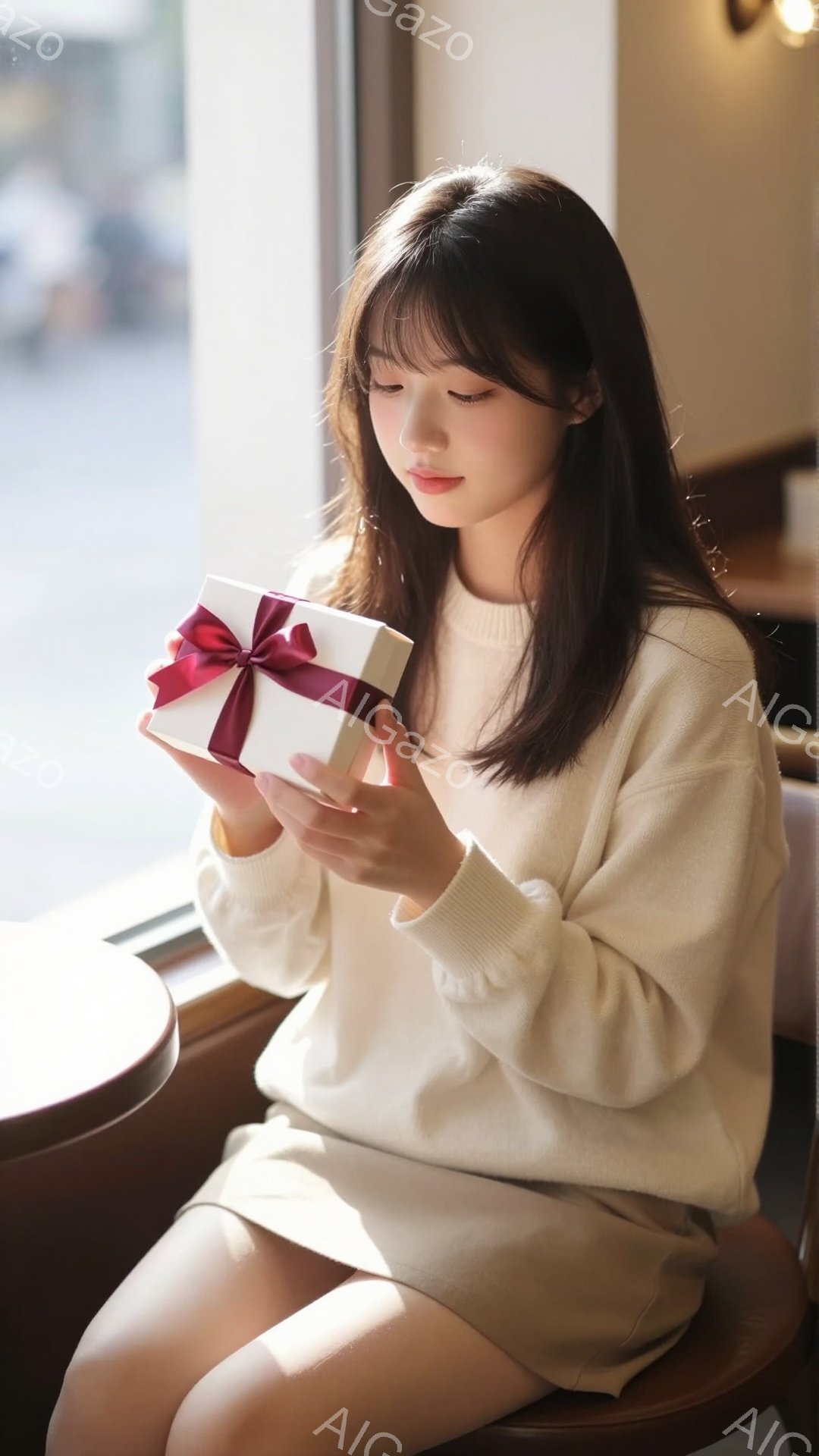 明るい窓辺に座る女性が、赤いリボンで結ばれた白いギフトボックスを両手で抱えています。オフホワイトのゆったりとしたセーターを着ており、肩までの長さのダークブラウンの髪は自然に流れています。背景にはぼやけ - AI生成フリー素材