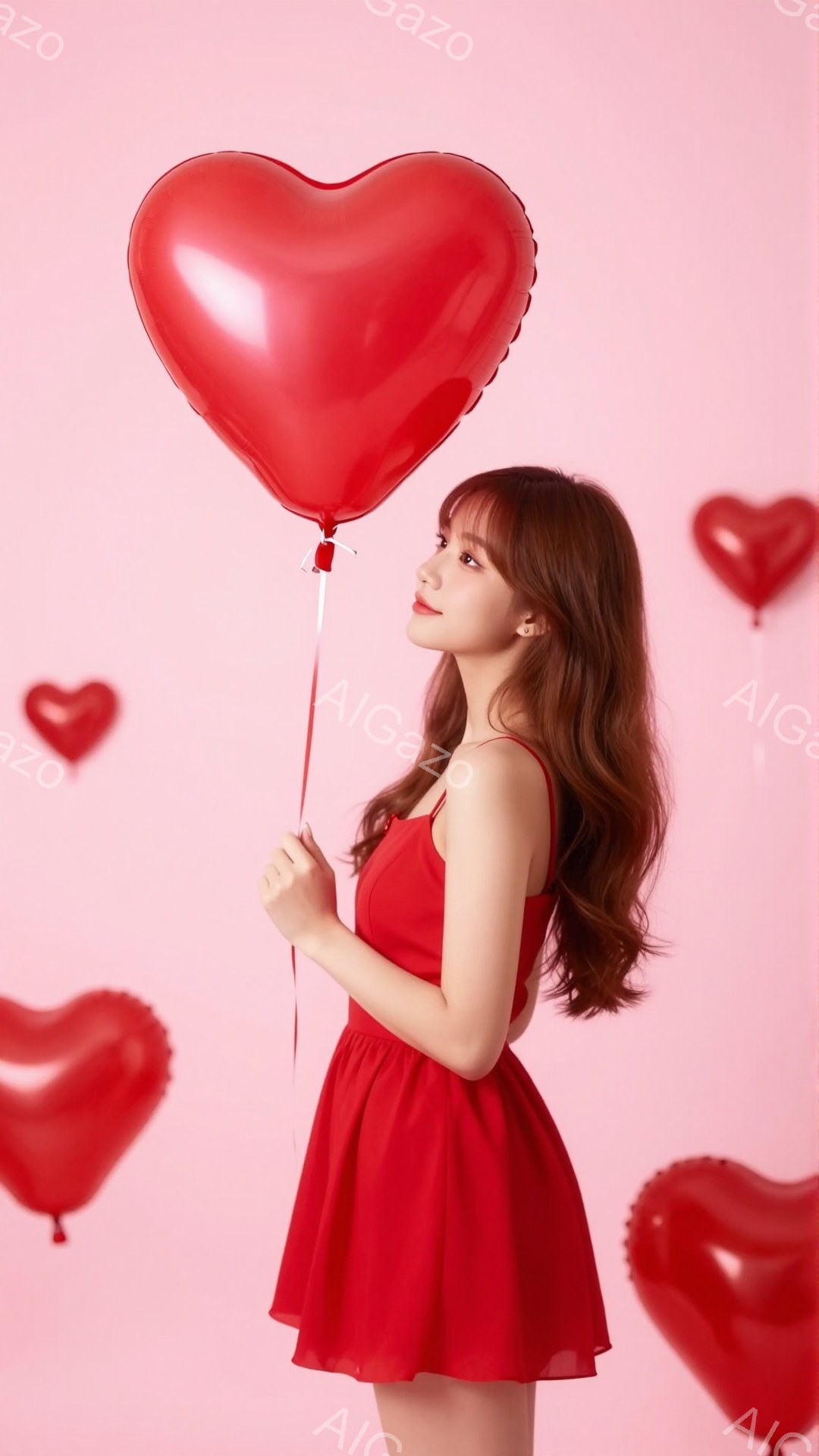 赤いワンピースを着た若い女性が、赤いハート型の風船を持っています。彼女は横を向いており、少し微笑んでいる様子で、長い茶色の髪が肩にかかっています。背景はピンク色で、複数のハート型の風船が浮遊しており、 - AI生成フリー素材
