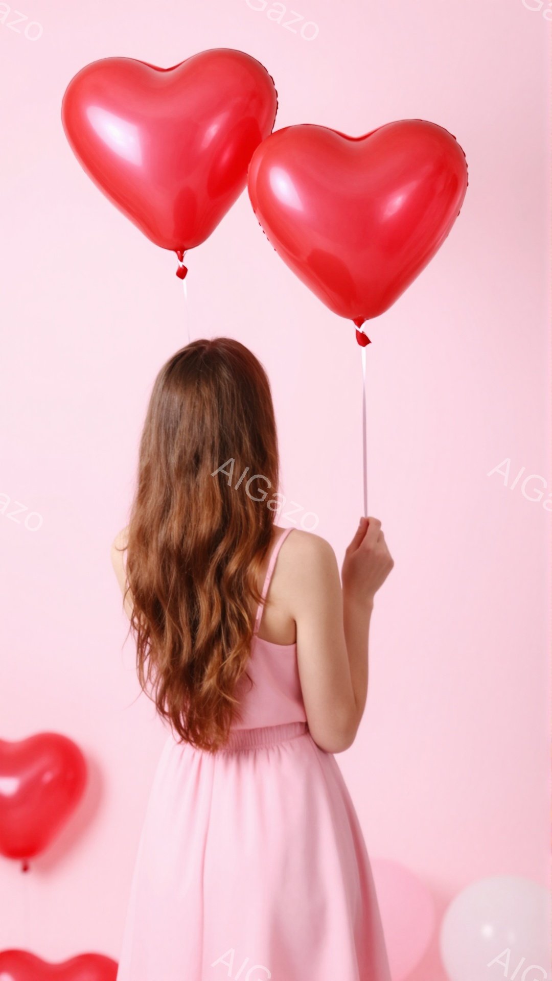 長い茶色の巻き毛の女性が、ピンク色のドレスを着て後ろ姿を見せています。彼女は赤いハート型の風船を2つ手に持ち、他の赤い風船と白い風船が周囲に浮かんでいます。背景は淡いピンク色で、全体的にロマンチックで幸せな雰囲気を醸し出しています。