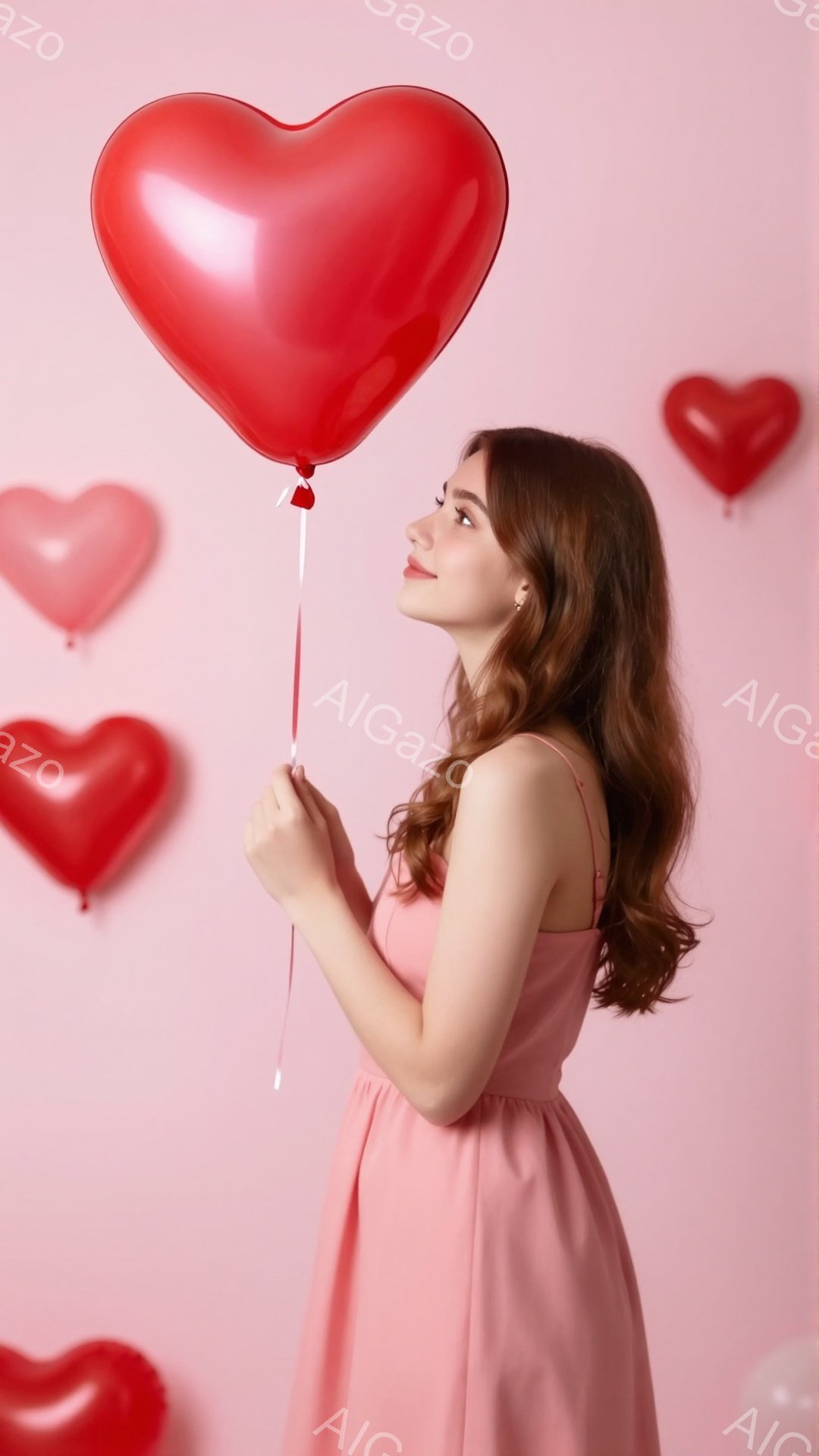 明るいピンク色の背景に、茶髪の女性が立っています。彼女はピンクのキャミソールワンピースを着て、赤いハート型の風船を片手に持っています。顔を少し上げ、風船を見つめる表情は穏やかで、全体的にロマンチックで - AI生成フリー素材