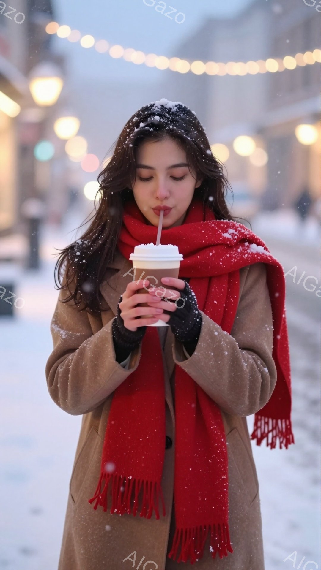 長いダークブラウンの髪をした女性が、暖かいベージュ色のコートと赤いフリンジ付きのスカーフを身につけています。彼女はホットドリンクが入った紙コップを持って微笑み、雪が舞う中で静かに立っています。背景にはぼやけた街並みと、暖かい光を放つ街灯が見え、冬の穏やかな雰囲気を醸し出しています。