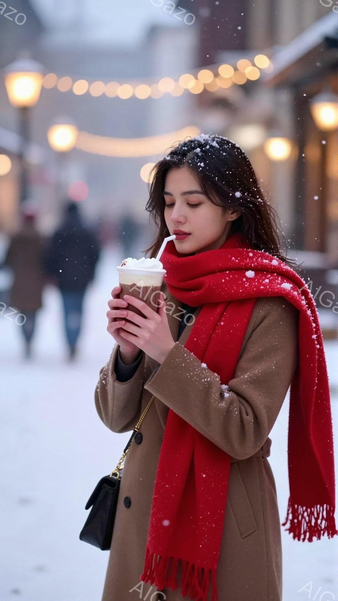 長い茶色の髪の女性が、ベージュ色のコートと赤いマフラーを身に着けて、ホットドリンクを手にしています。彼女は少し下を見つめ、口元にストローを当てて飲み物を楽しんでいるようです。背景は雪景色で、ぼんやりと建物と人々が見え、クリスマスのイルミネーションが輝いており、冬の暖かく穏やかな雰囲気を醸し出しています。