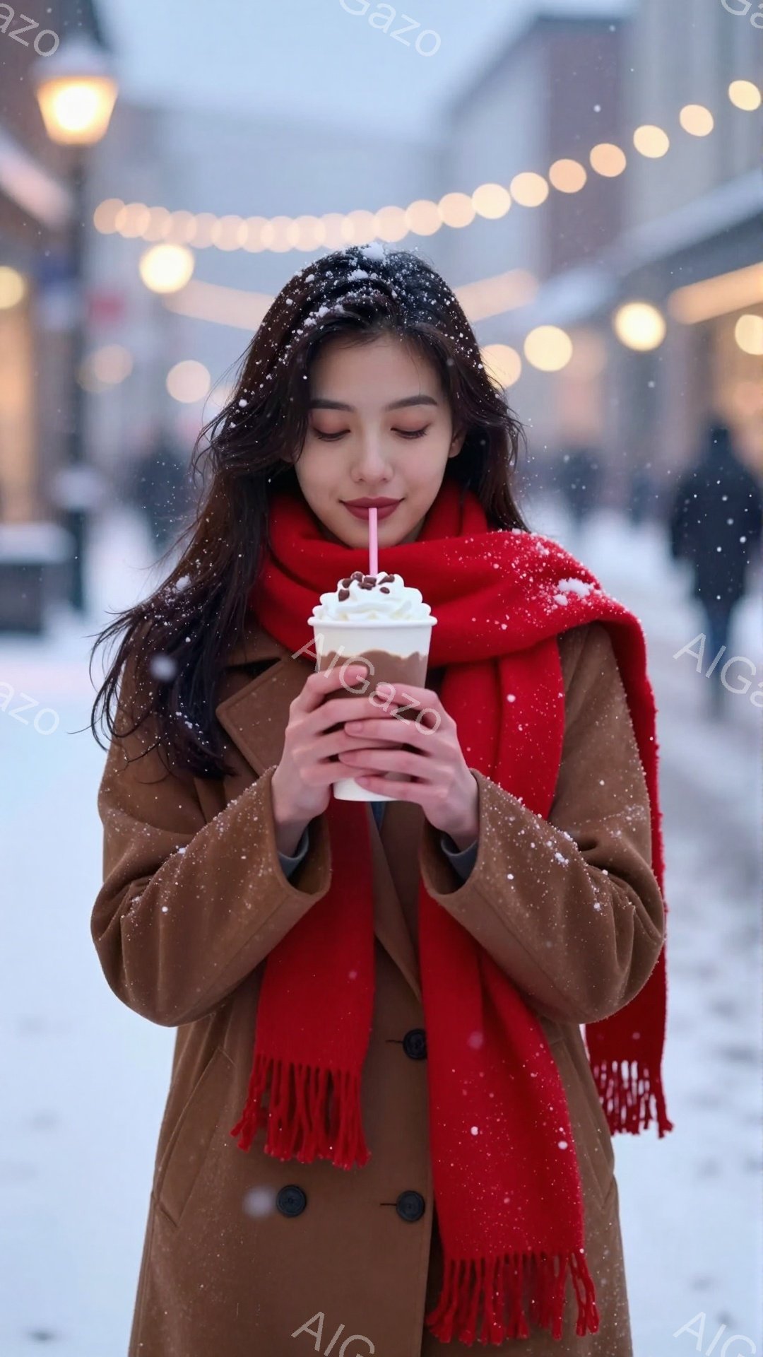 長い茶色の髪の女性が、赤いフリンジ付きのスカーフを首に巻き、ベージュ色のコートを着ています。彼女は両手で温かい飲み物（おそらくホットチョコレート）を持っており、穏やかな表情で飲み物を楽しんでいます。背景は雪が舞う街並みで、ぼんやりと建物や街灯が見え、冬の暖かく穏やかな雰囲気を醸し出しています。