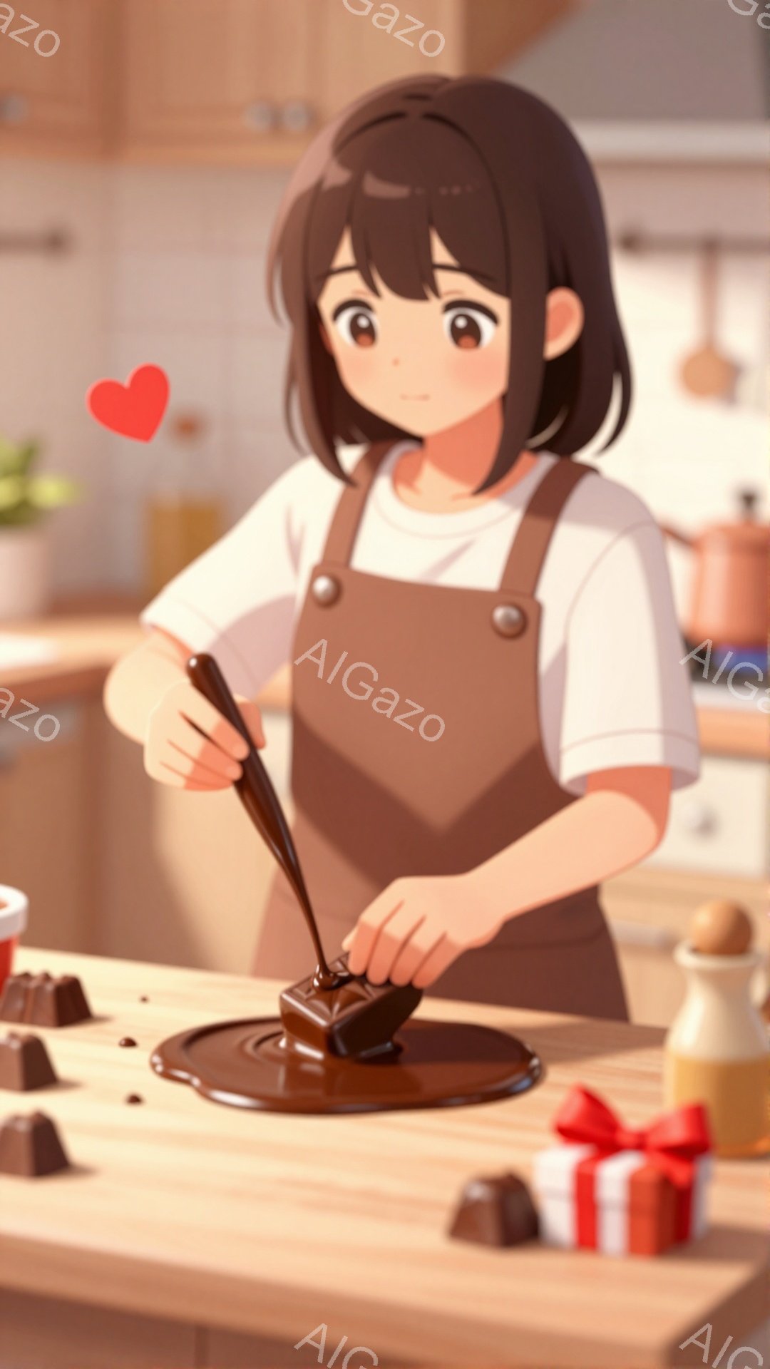 茶髪の少女がエプロンを身につけ、キッチンでチョコレートに浸したお菓子を作っています。彼女は微笑んでおり、真剣な表情でチョコレートソースに何かを浸す作業に集中しています。背景は明るいキッチンで、調理器具 - AI生成フリー素材
