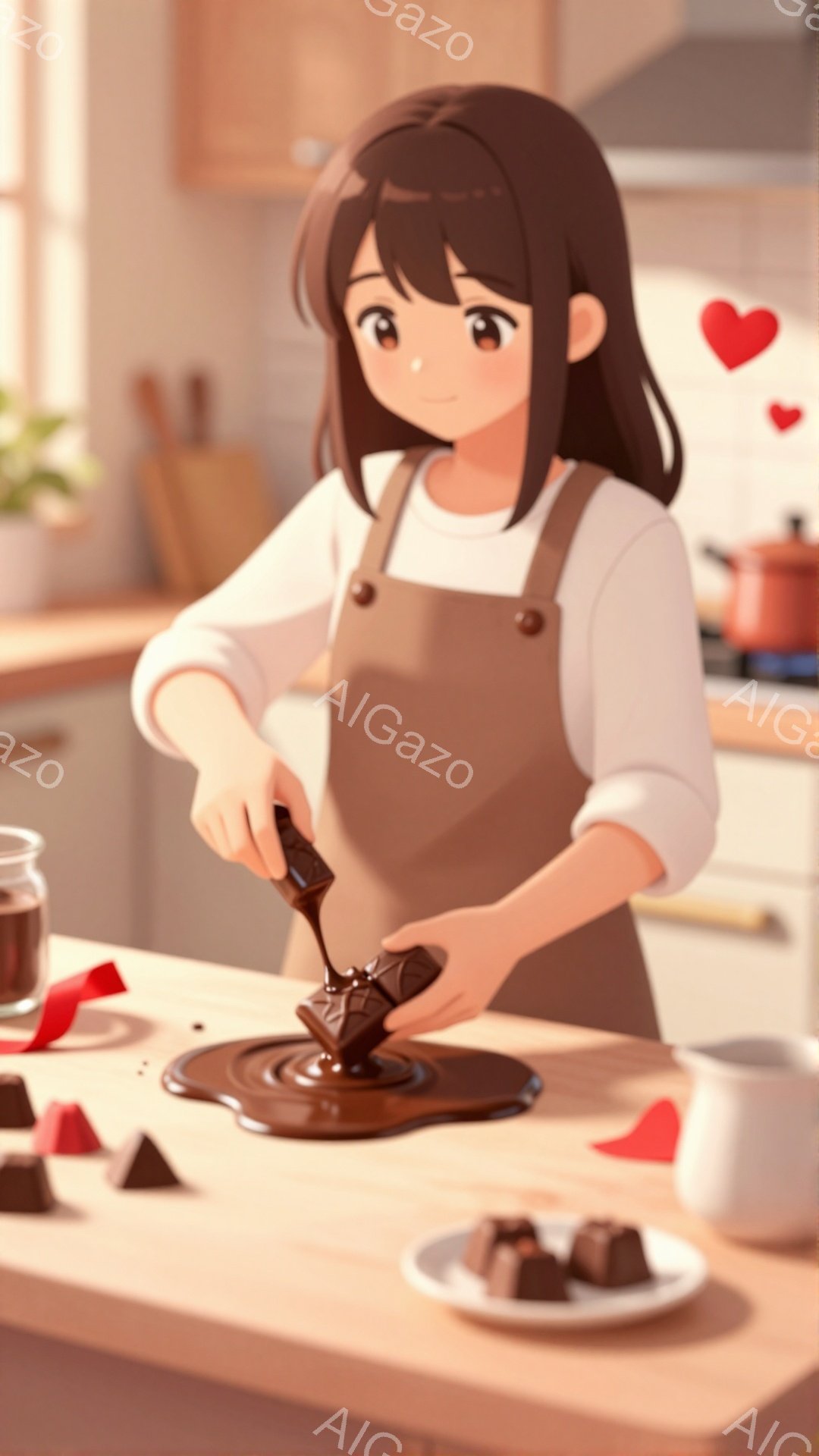 明るいキッチンで、茶色のエプロンを着た若い女性がチョコレートを溶かしている。彼女はショートカットで、笑顔を浮かべ、溶けたチョコレートに集中している。背景には、棚や調理器具があり、全体的に温かく、家庭的 - AI生成フリー素材