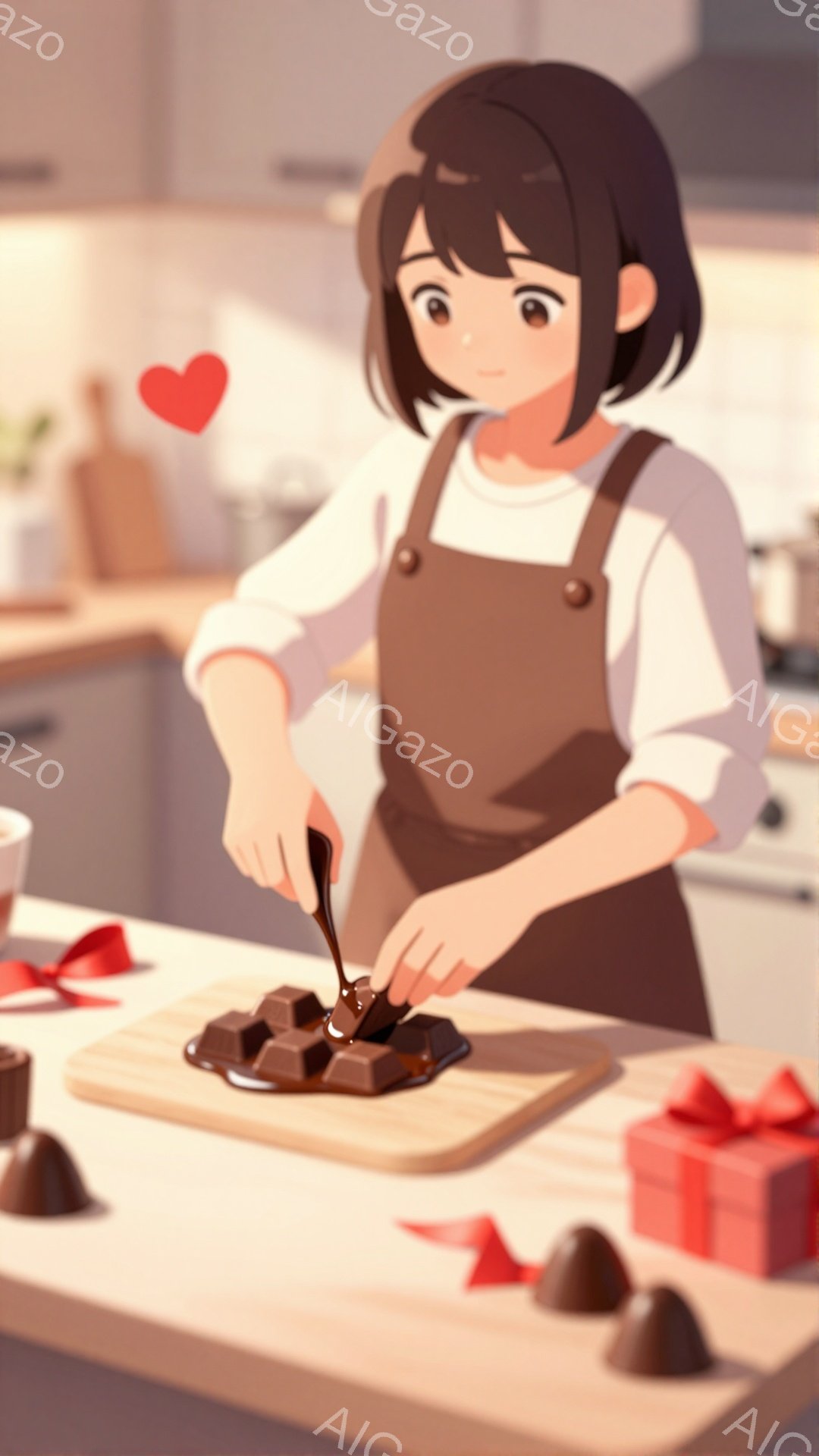 茶色の髪を肩のあたりで切り揃えた女性が、茶色のエプロンを身につけてキッチンでチョコレートを扱っています。彼女は集中した表情でチョコレートソースを木製の板の上にあるチョコレートにかける作業をしています。背景にはキッチン設備が見え、赤いギフトボックスやチョコレートのパーツが配置されており、温かく優しい雰囲気を醸し出しています。
