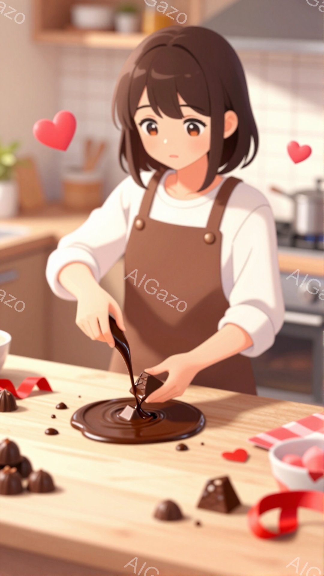 茶髪のショートヘアの女性が、エプロンを着用してキッチンでチョコレートを作っています。彼女は溶けたチョコレートにチョコレートを入れようとしており、真剣な表情をしています。背景には、調理器具や赤いリボン、そしてチョコレートが散らばっており、温かく優しい雰囲気が漂っています。