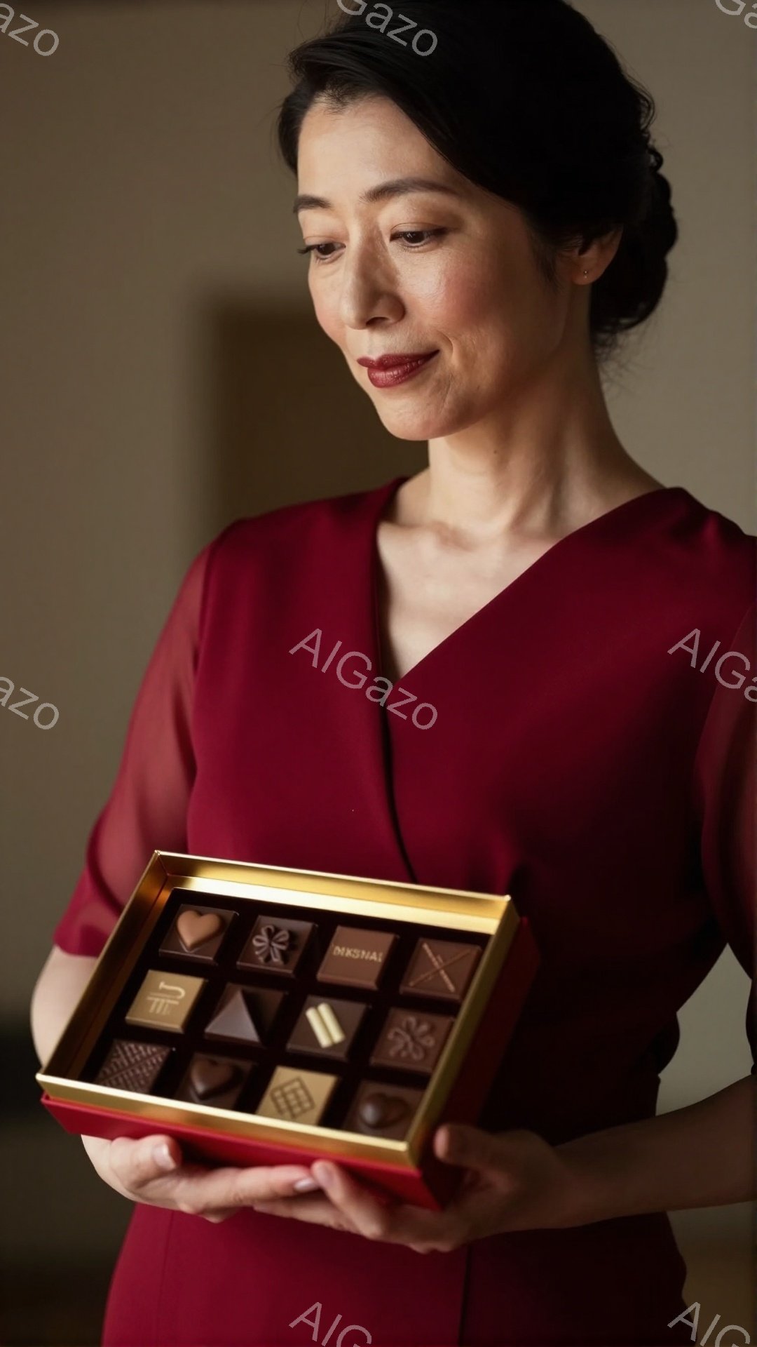 深紅色のドレスを身に着けた女性が、金色の箱に入ったチョコレートを両手で持っています。彼女は微笑んでおり、髪は後ろで上品にまとめられています。背景はぼやけていますが、暖色系の色合いで、全体的に洗練された雰囲気を醸し出しています。