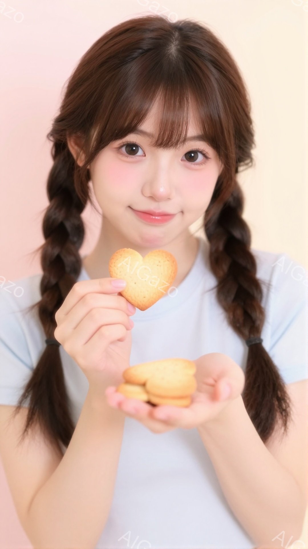 明るい笑顔の若い女性が、ハート型のクッキーと丸いクッキーを両手に広げて見せています。彼女は、茶色の髪を二つに分けて三つ編みにし、水色のシンプルなTシャツを着ています。背景は淡いピンク色で、全体的に温かく、可愛らしい雰囲気が漂っています。