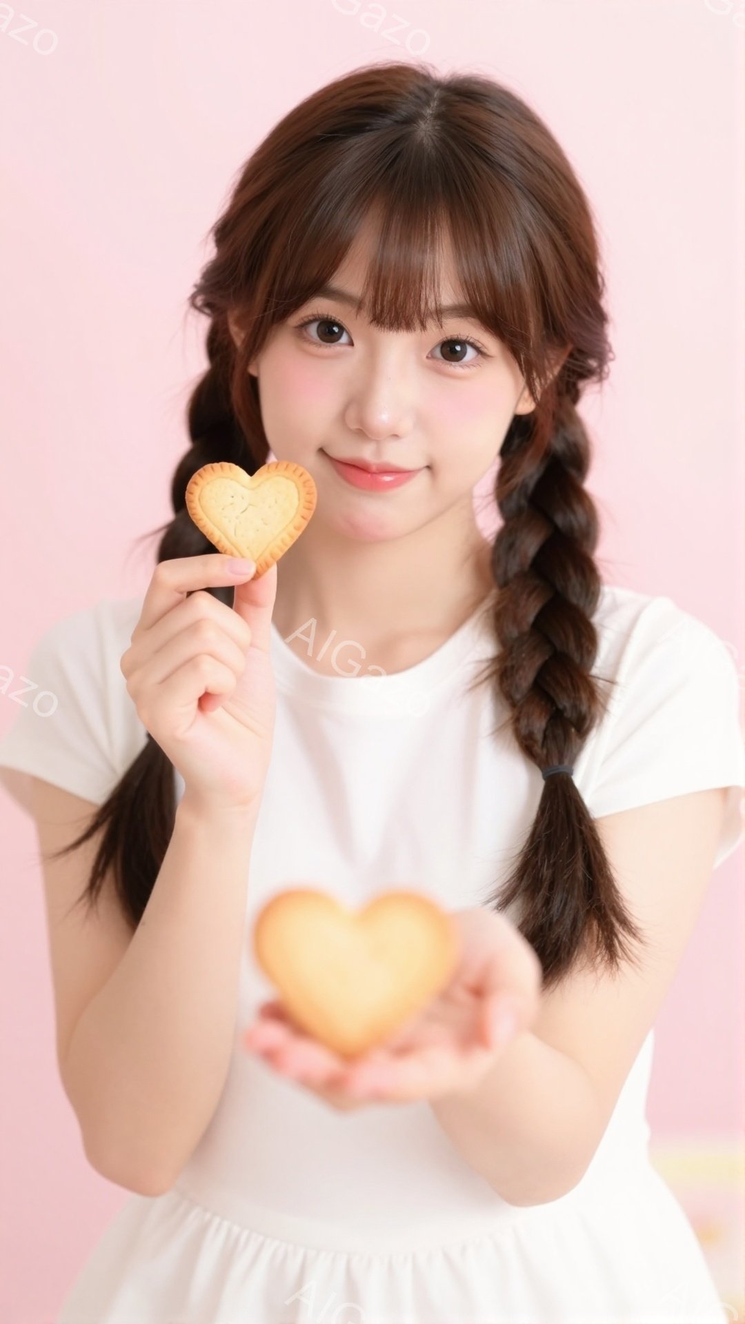 明るい笑顔の若い女性が、ハート型のクッキーを両手で差し出しています。彼女は白いフリル付きのワンピースを着ており、髪は左右に分けた三つ編みにしています。背景は淡いピンク色で、全体的に可愛らしく、温かい雰囲気です。