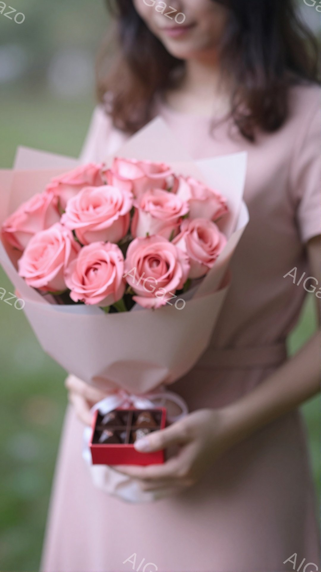 薄いピンク色のバラの花束を抱えた女性が写っています。彼女は薄いピンク色のワンピースを着ており、髪はゆるく巻いて肩にかかっています。背景は緑の自然で、柔らかな光が差し込み、全体的にロマンチックで優しい雰 - AI生成フリー素材