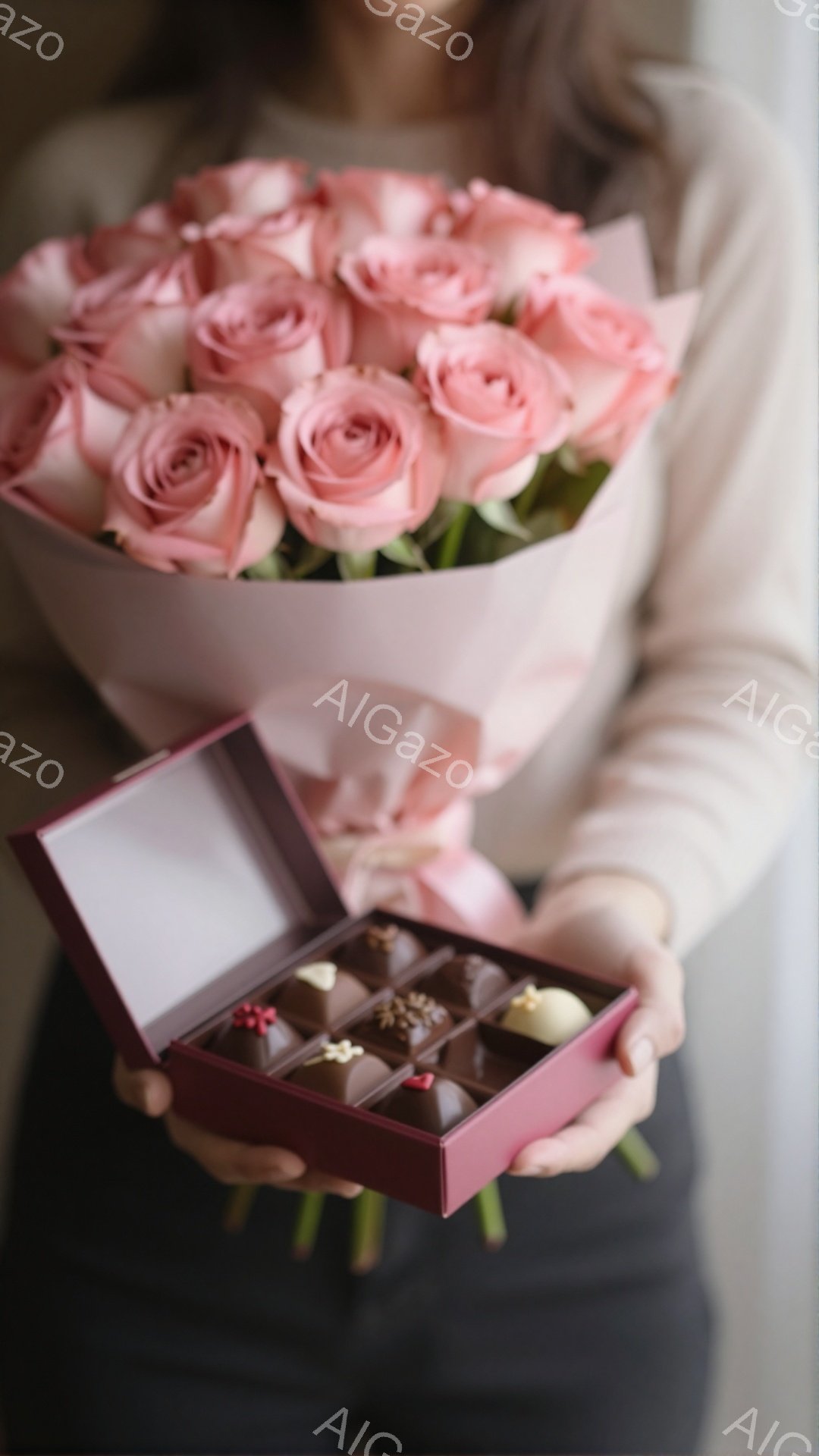 優しいピンク色のバラの花束と、赤いチョコレートの箱を手で持っている女性が写っています。女性はベージュ色のセーターを着ており、髪は後ろでまとめています。背景はぼやけていますが、室内であること、そして温か - AI生成フリー素材