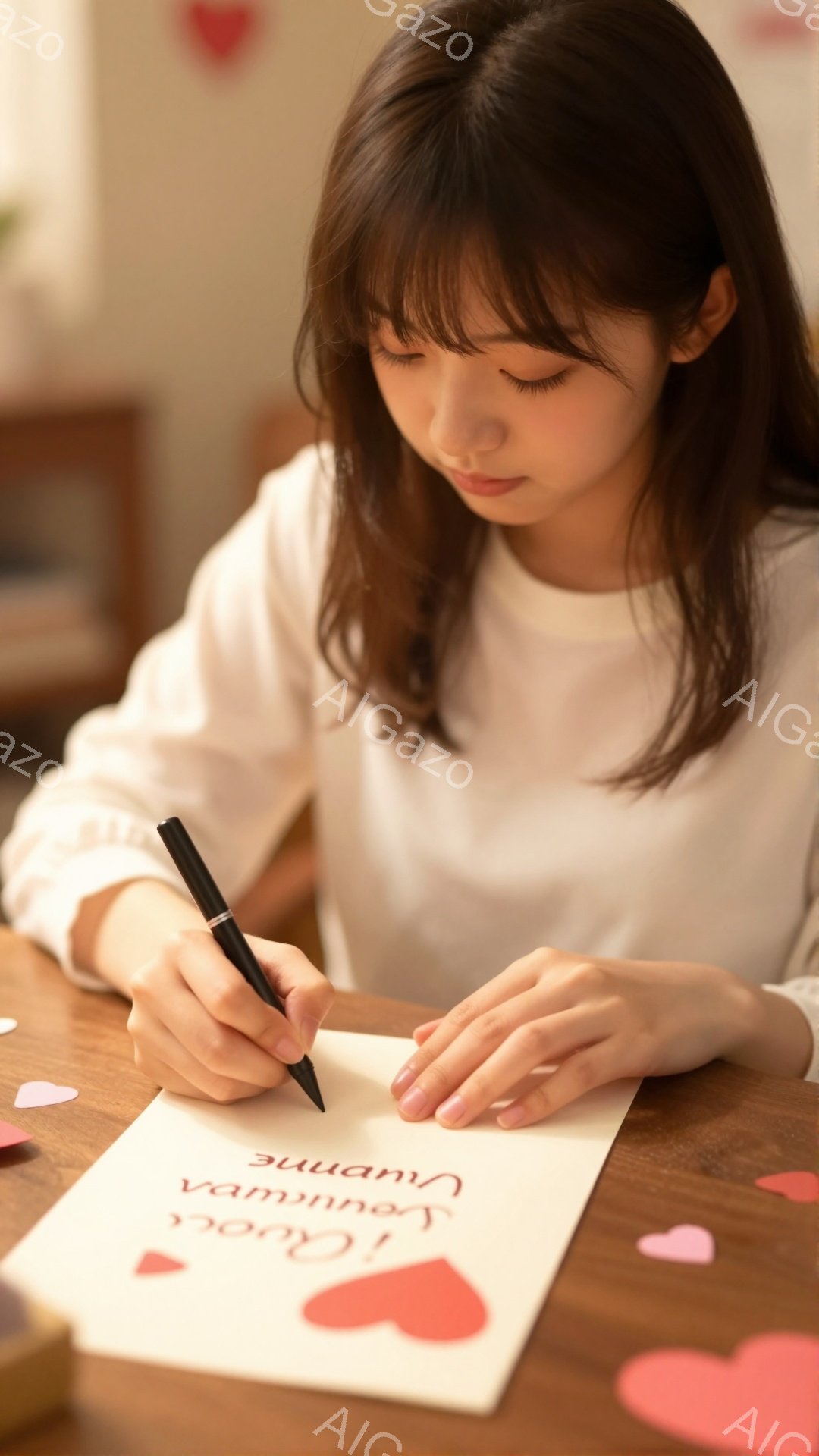 明るい茶色のテーブルの上に座る若い女性が、白い紙に黒いペンで何かを書き込んでいる。彼女は明るい髪で、前髪が目にかかっており、穏やかな表情をしている。テーブルの上にはピンク色のハートの形の紙片が散らばっており、背景にはぼやけた家具が見え、全体的に温かく優しい雰囲気を醸し出している。