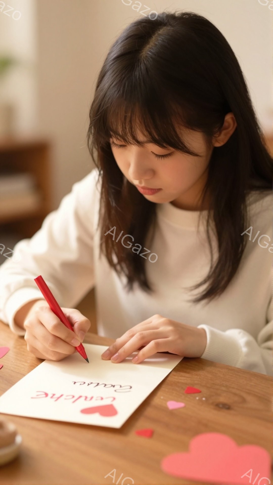 長い黒髪の女性が、木製のテーブルに座り、赤いペンで何かを書いています。彼女は白いセーターを着ており、集中した表情で筆を走らせています。テーブルの上には赤いハートの形の紙片が散らばっており、柔らかい光が差し込む室内で、愛情や温かさを感じさせる雰囲気です。