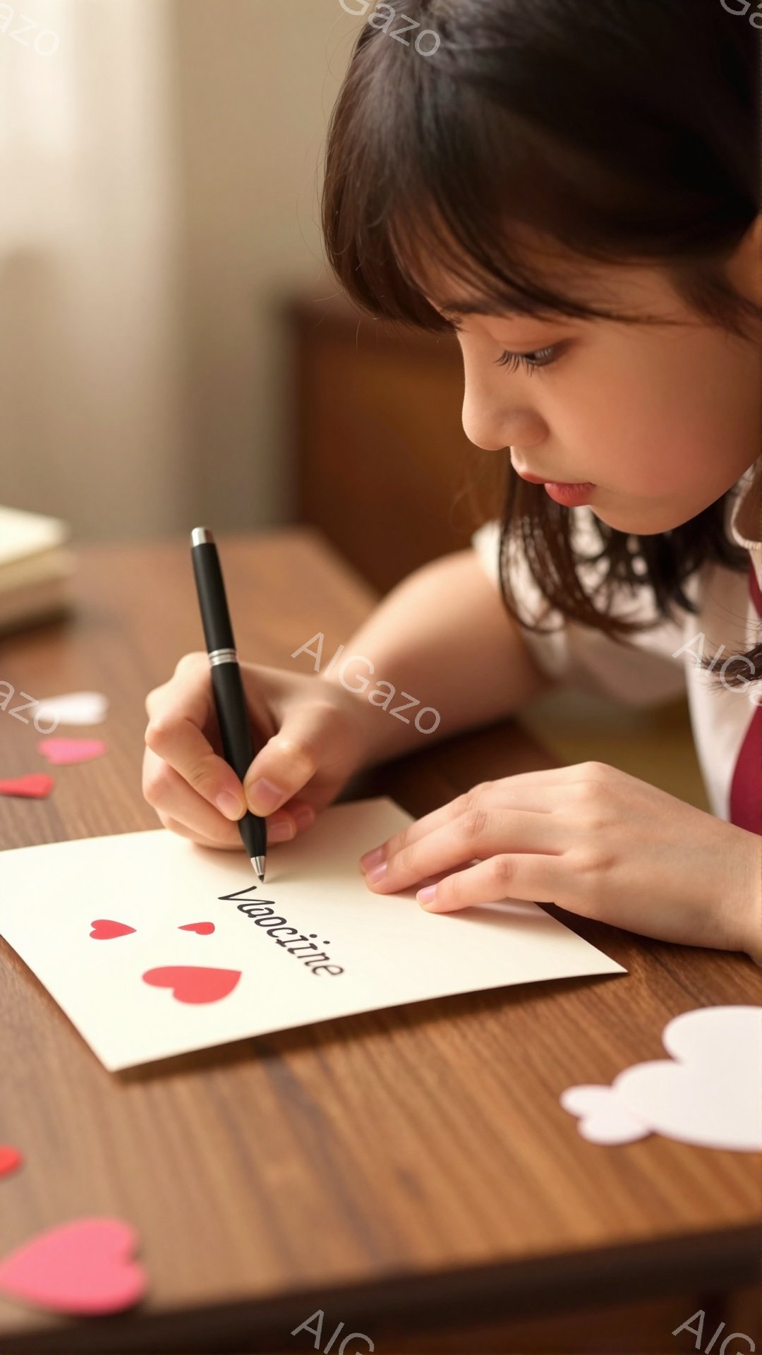 長い黒髪の女性が、赤いハートが散りばめられたカードにペンで何かを書き込んでいる様子が写っている。彼女は薄いピンク色のシャツを着ており、集中した表情で筆運びを行っている。木目の美しいテーブルの上にカードが置かれ、背景はぼやけているが、暖かく穏やかな雰囲気が感じられる。