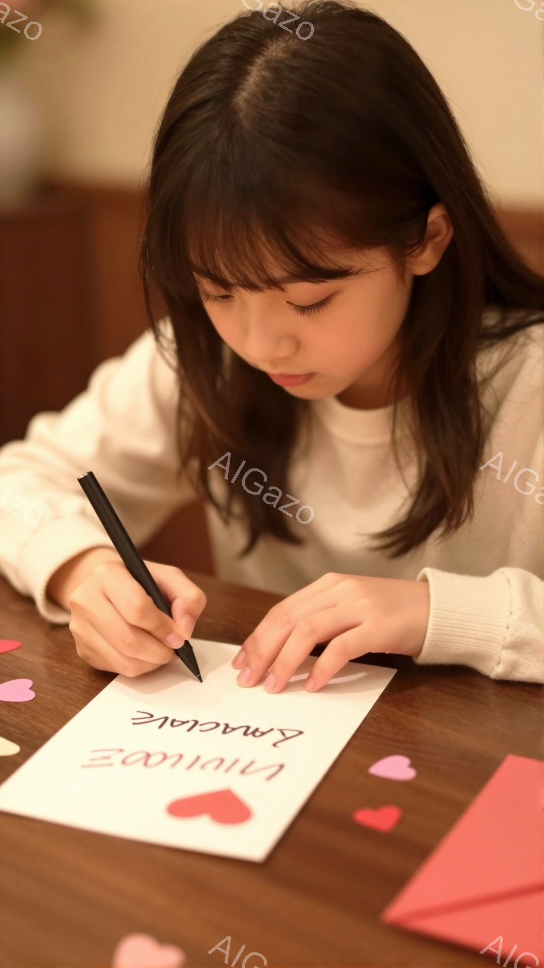 長い髪を後ろで一つにまとめた若い女性が、テーブルに座って何かを書き込んでいます。ピンク色のハートが散りばめられたテーブルの上で、彼女は白いセーターを着て、集中した表情でペンを握っています。背景は少しぼ - AI生成フリー素材