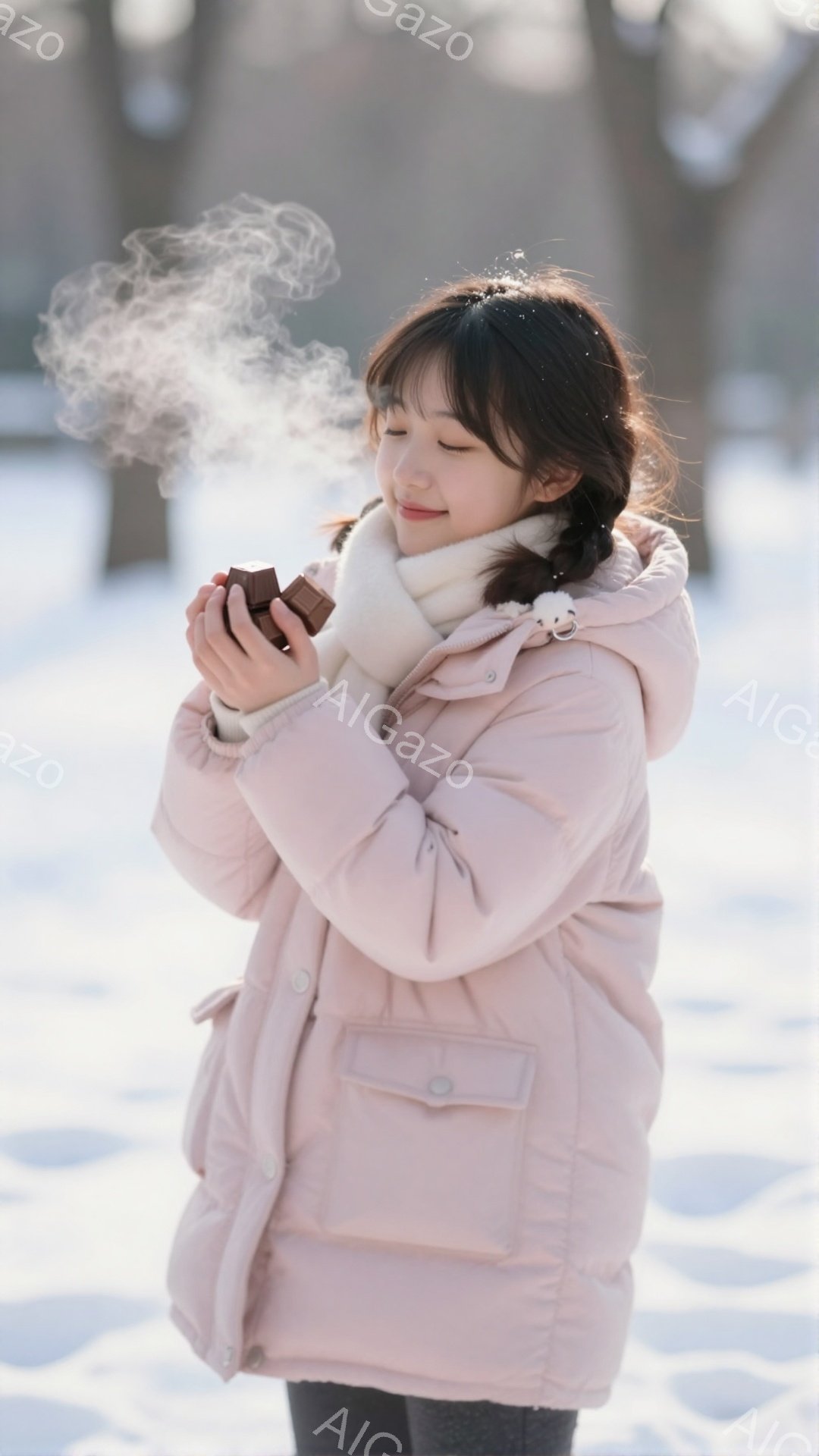 少女はピンク色のダウンジャケットと白いマフラーを身に着け、蒸気を上げる温かい飲み物、おそらくホットチョコレートを両手で抱えています。彼女は軽く微笑み、前髪が少し目にかかるように、自然な黒髪のヘアスタイルをしています。背景は雪景色で、穏やかで心地よい冬の雰囲気が漂っています。