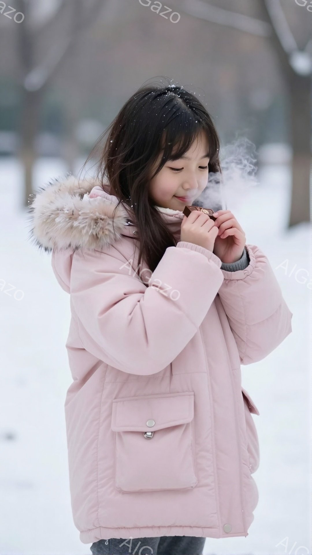 画像には、ピンク色のファー付きの冬用ジャケットを着た幼い女の子が写っています。彼女は少し顔を下げ、何かを手に持ち、息を吹きかけているようです。背景は雪景色で、雪が舞い散る中、冬の寒さを感じさせる静かな雰囲気です。