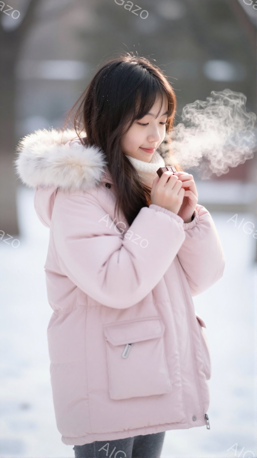 薄桃色のダウンジャケットを着た若い女性が、湯気を上げるホットパックを両手で抱えています。彼女は黒髪で、顔の横に髪が流れ、わずかに微笑んでいます。背景は雪景色で、ぼやけた建物が見え、寒い冬の日の穏やかな雰囲気が漂っています。