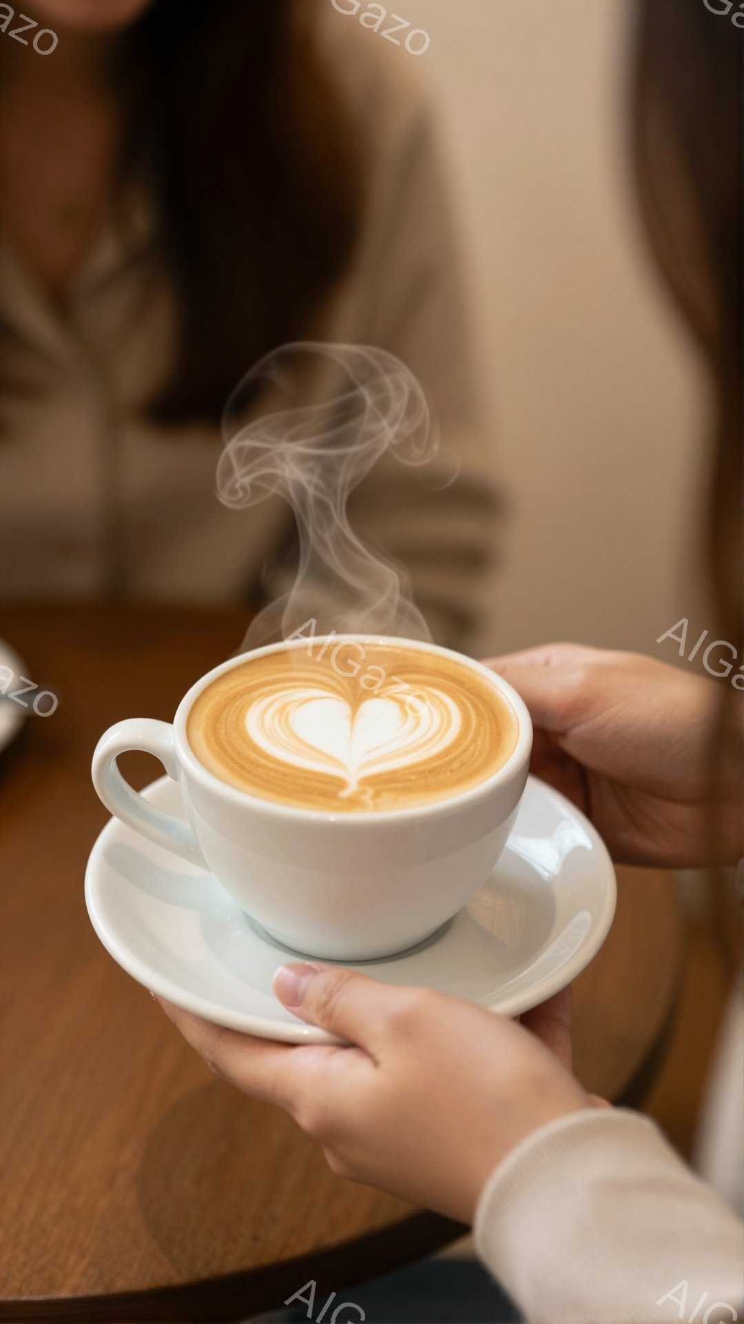 温かいラテが、白いソーサーに乗せられ、誰かの手に抱かれている様子が写っている。ラテにはハートの模様が描かれており、湯気が立ち上っていることから、飲み物がまだ熱いことがわかる。背景はぼやけており、木目のテーブルと人物の薄いセーターの一部が見えるだけで、温かく穏やかな雰囲気を醸し出している。