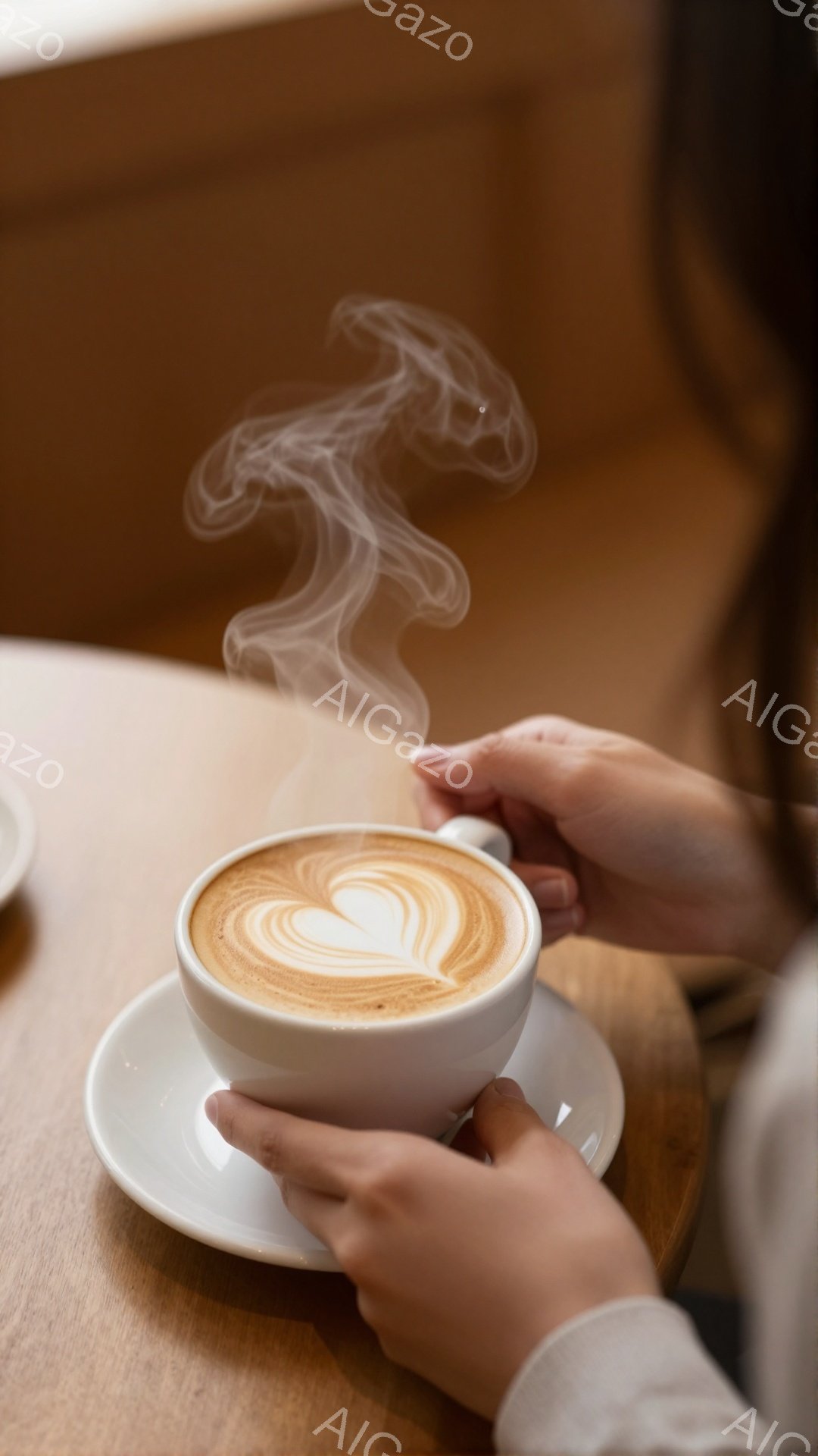白いカップに入ったラテアートが印象的な写真です。カップから立ち上る湯気と、ハートの模様が温かい雰囲気を醸し出しています。背景はぼかされており、木製のテーブルがわずかに見え、リラックスしたカフェの時間が - AI生成フリー素材