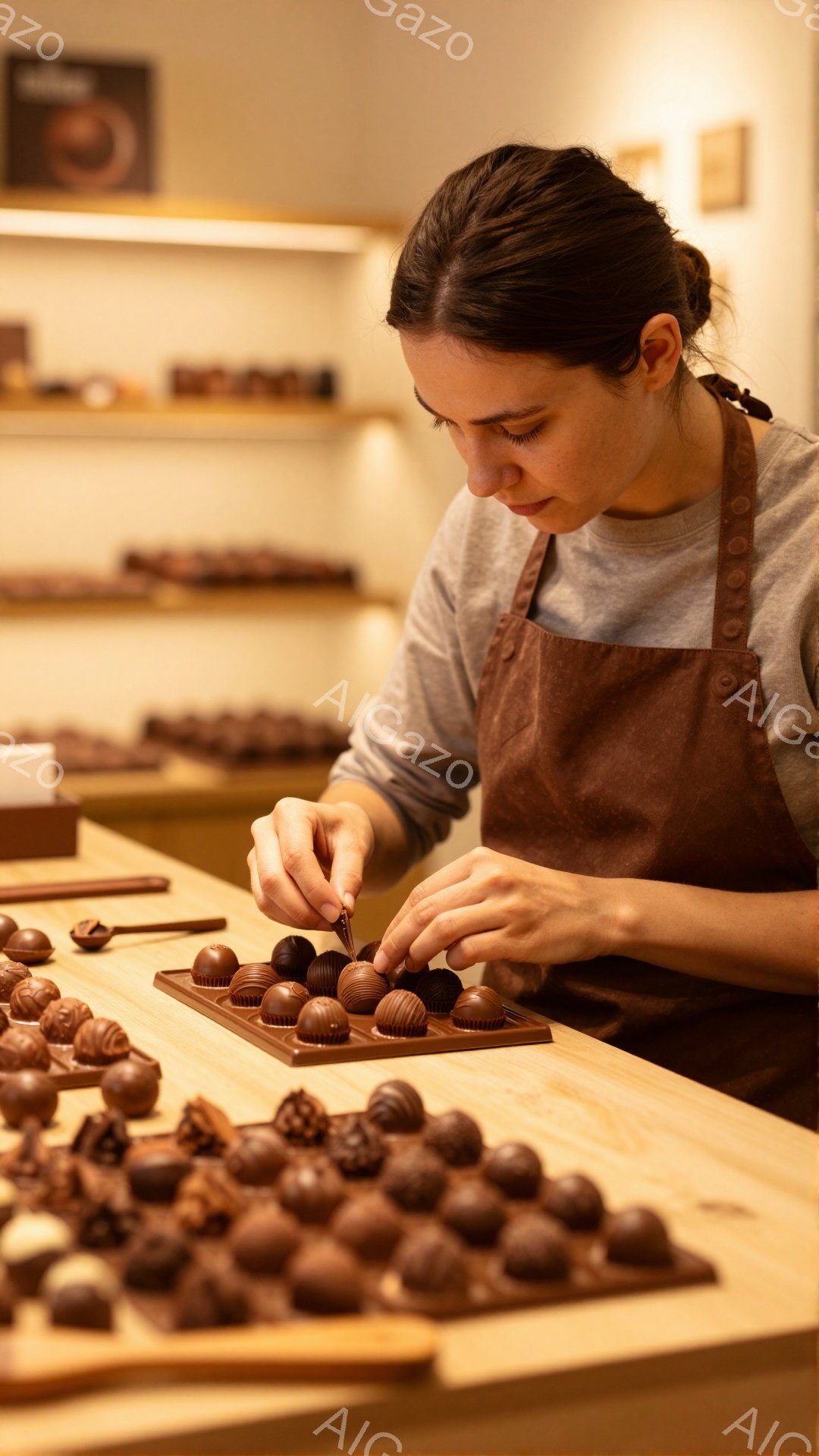 薄茶色のエプロンを身に着けた女性が、チョコレートを丁寧に型にはめ込んでいる様子が写っている。彼女は髪を後ろでまとめ、集中した表情で作業に取り組んでいる。背景には、さまざまな種類のチョコレートが並んだ棚があり、温かく落ち着いた雰囲気の工房の光景である。