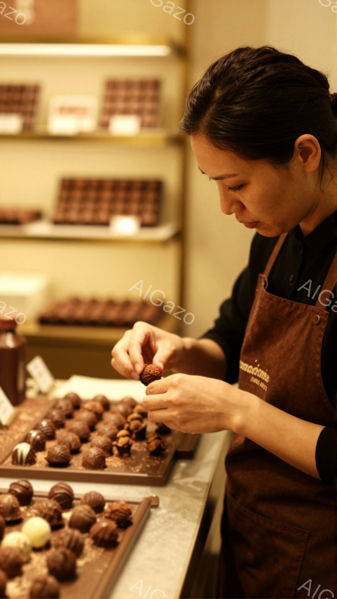 茶色いエプロンを着た女性が、チョコレートを丁寧に手作業で仕上げています。彼女は黒髪を後ろでまとめ、集中した表情でチョコレートを手に持っています。背景には、整然と並べられたチョコレート製品が棚に並び、店内は落ち着いた雰囲気を醸し出しています。