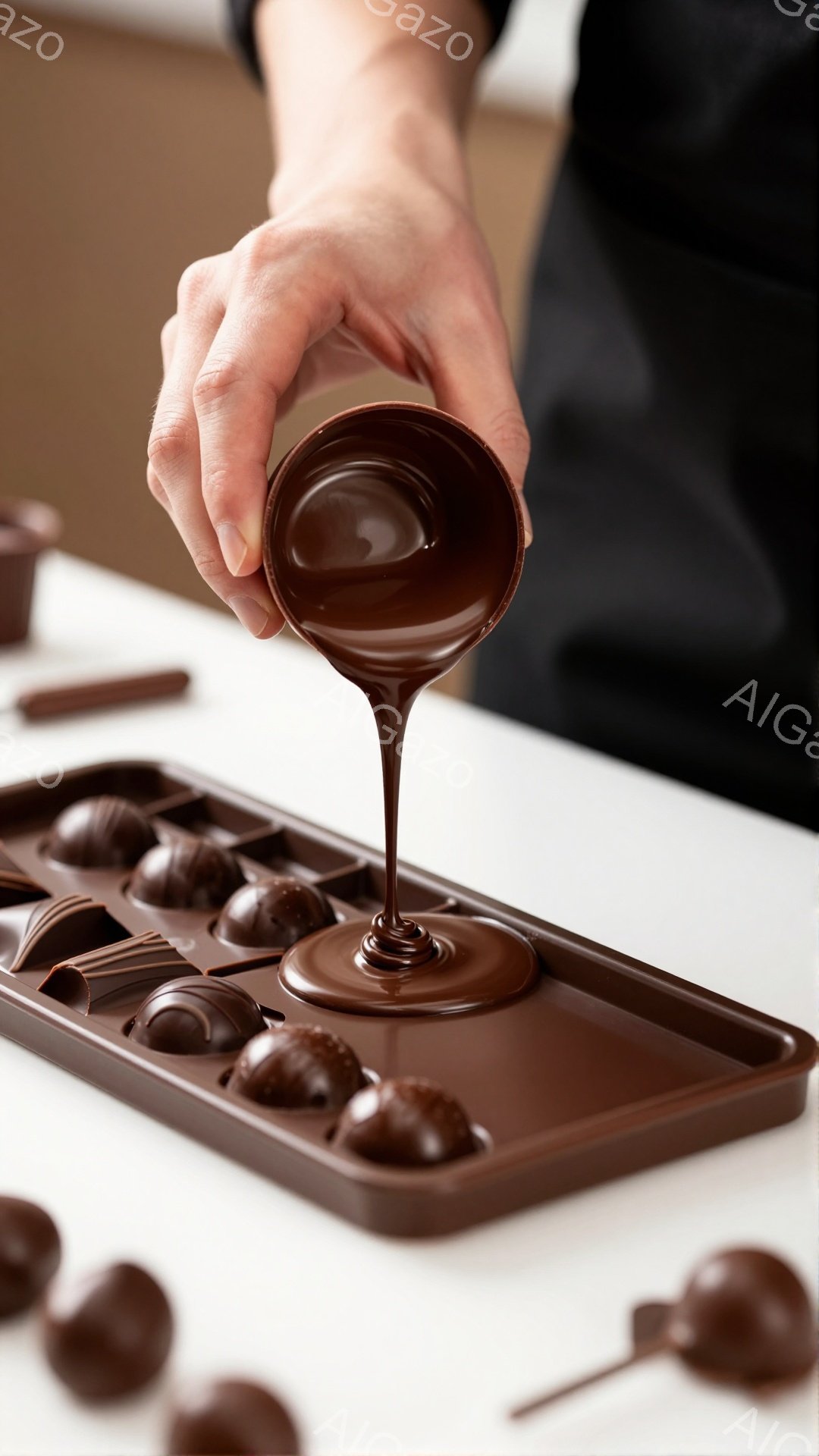 チョコレートの型に溶かしたチョコレートを注ぐ手が写っている。背景には、既にチョコレートでコーティングされたものがいくつか並び、白いテーブルの上で作業が進んでいる様子が伺える。全体的に落ち着いた色調で、手作りチョコレートを作る温かい雰囲気が伝わってくる。