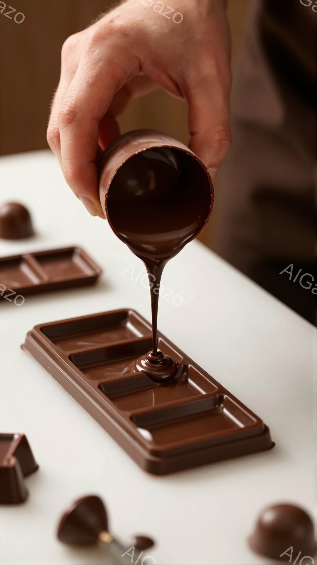 チョコレートの型に溶けたチョコレートを注いでいる様子が写っている。手元には既にいくつか出来上がったチョコレートがあり、明るい背景とチョコレートの濃い色が対照的で、甘くて美味しそうな雰囲気を醸し出してい - AI生成フリー素材