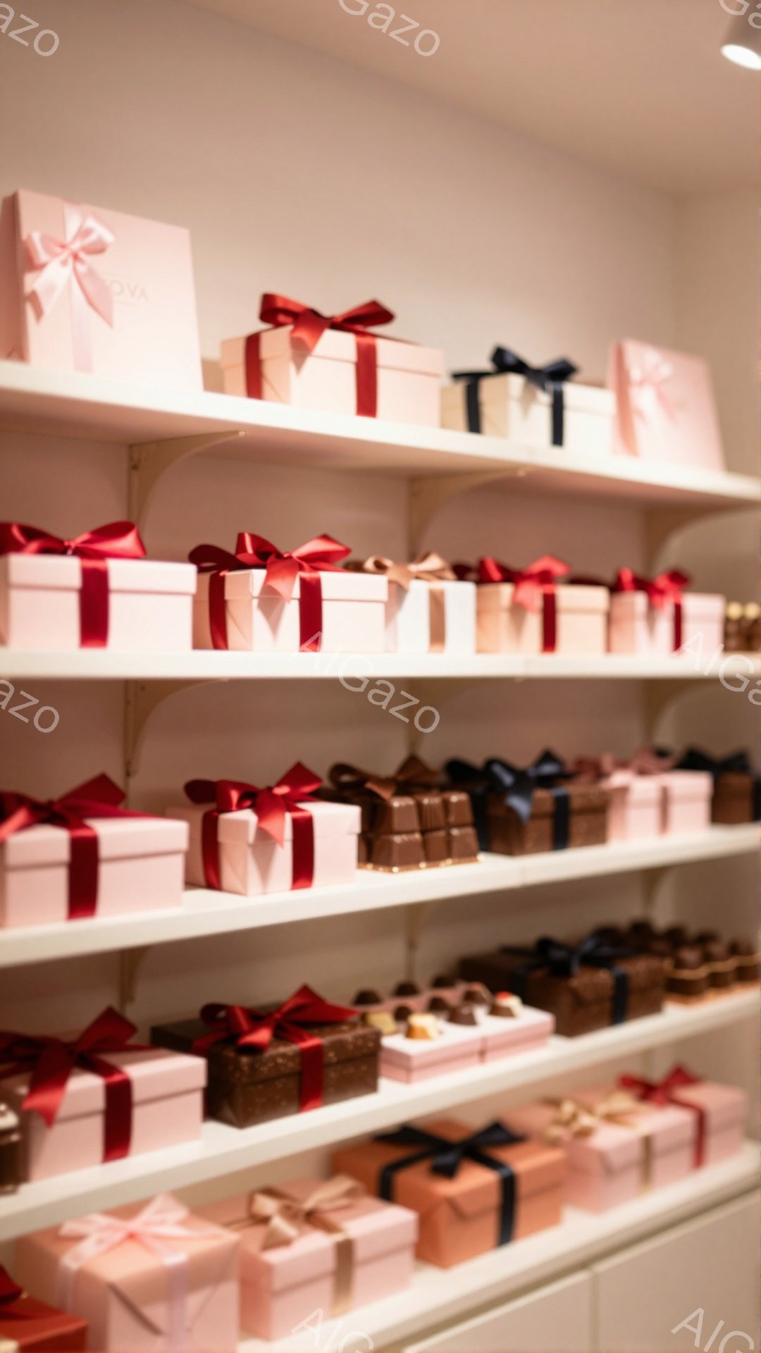 白い棚に、ピンクや茶色の包装紙で包まれたギフトボックスが整然と並べられています。各ボックスには、赤や濃い青のリボンが結ばれており、上品で洗練された印象を与えます。背景は白く、ギフトボックスの色が際立っ - AI生成フリー素材