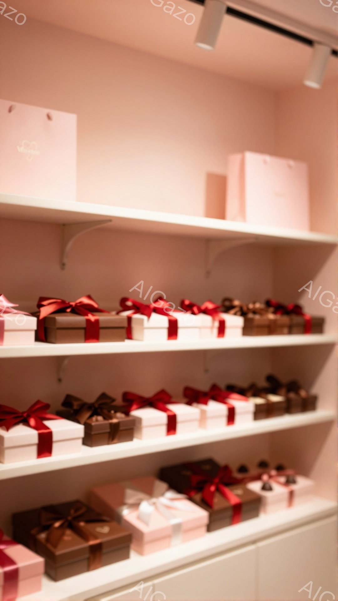 白い棚にラッピングされたチョコレートが整然と並べられています。赤やベージュのリボンがアクセントとなり、上品で洗練された印象を与えます。背景は淡い色調で統一されており、チョコレートの美しさを引き立ててい - AI生成フリー素材