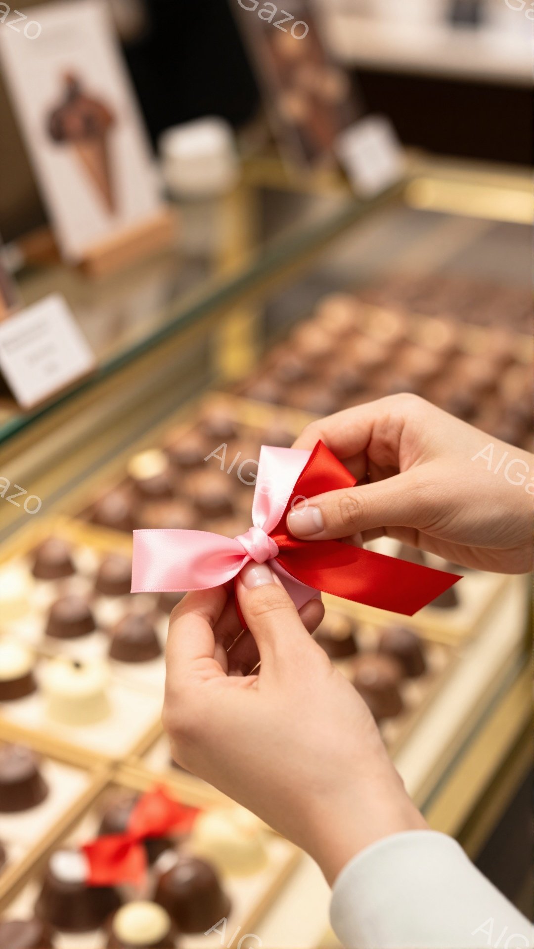 チョコレートが並んだショーケースの前で、誰かの手がピンクと赤のシルクのリボンを結んでいます。手は白い袖のシャツを着ており、焦点はリボンの繊細な結び目に当てられています。背景には様々な種類のチョコレートが整然と並べられており、高級感のある雰囲気を感じさせます。