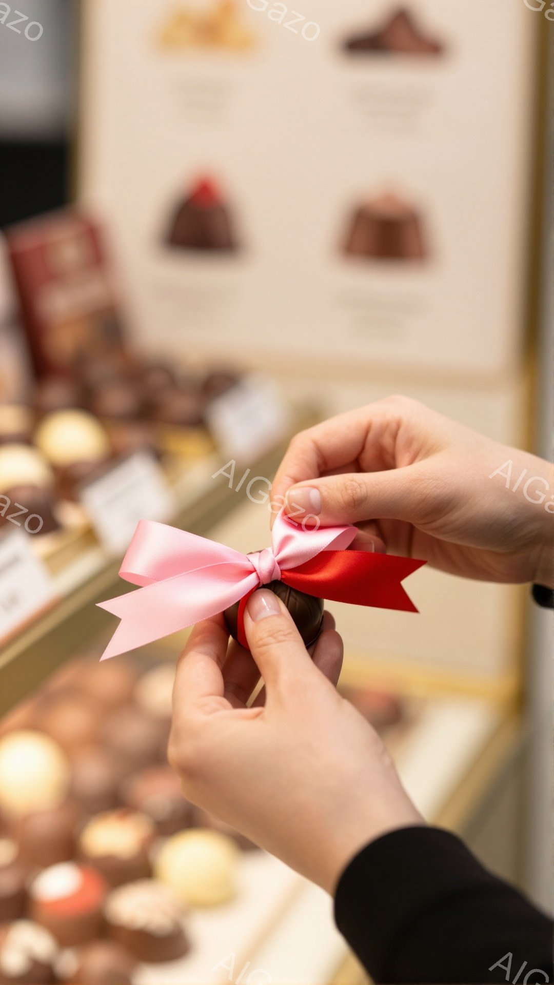 チョコレートをリボンで飾る手が写っています。手は薄いピンク色のリボンを巧みに扱い、チョコレートに結び付けています。背景には様々な種類のチョコレートが並び、明るい照明が暖かく上品な雰囲気を醸し出していま - AI生成フリー素材