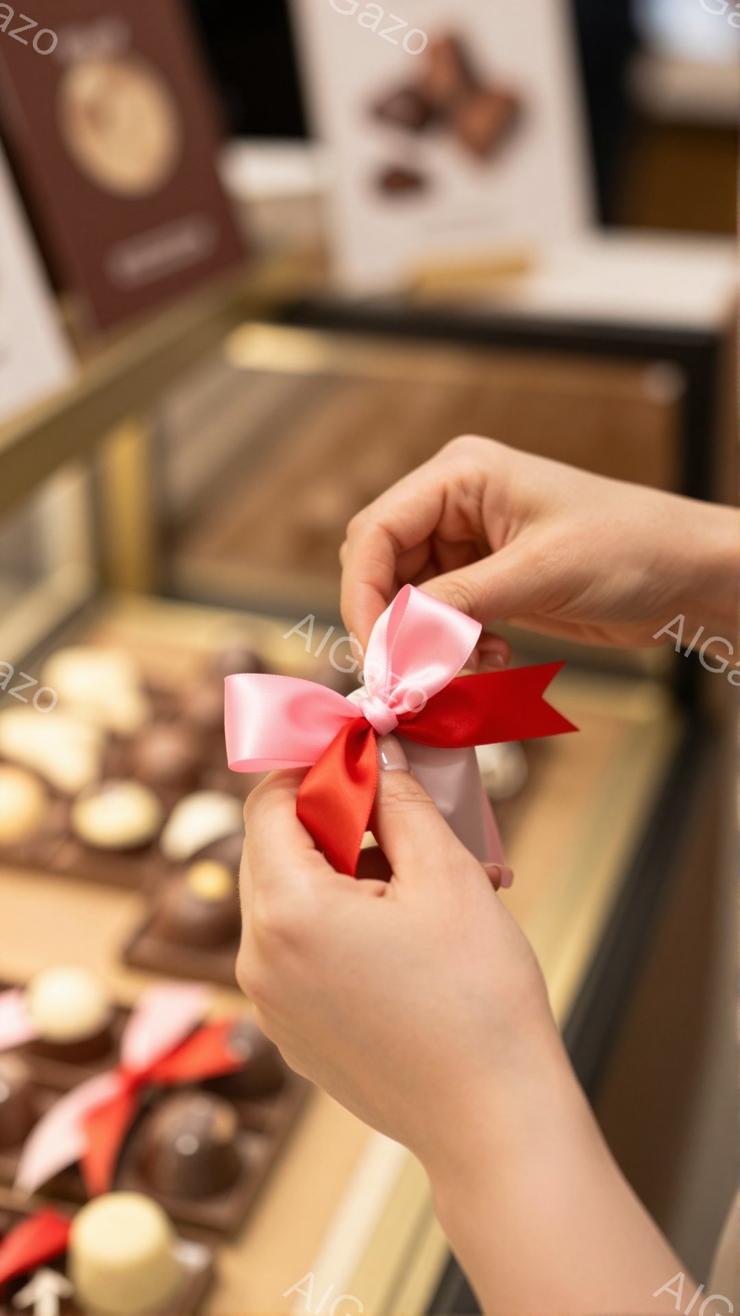 画像はチョコレート店のカウンターで、女性が赤いリボンとピンクのリボンでギフトをラッピングしている様子を捉えています。女性の手は巧みにリボンを結び、ラッピング作業に集中しています。背景には様々な種類のチ - AI生成フリー素材