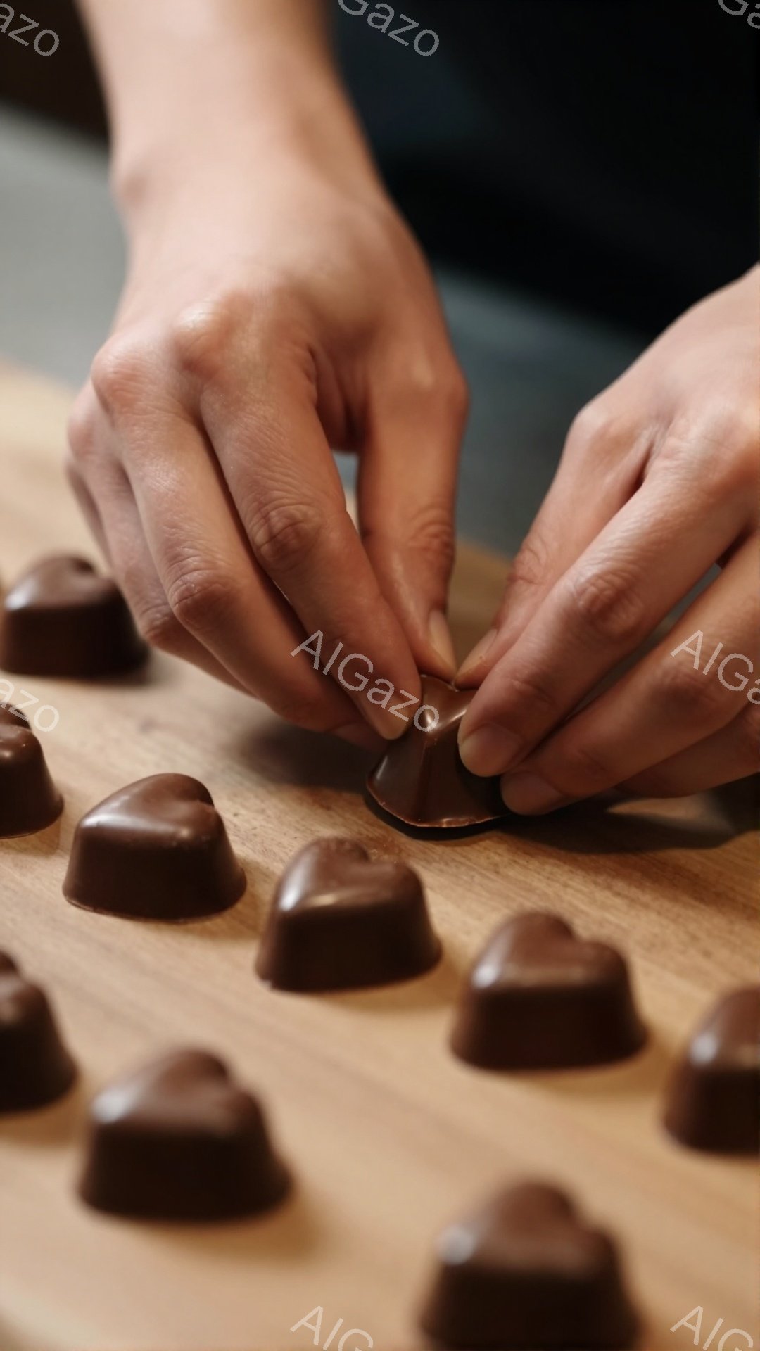 チョコレート作りの様子が写っている。茶色いチョコレートをハート型に成形する手が写っており、木のテーブルの上に並べられた他のハート型のチョコレートも見える。暖色系の背景とチョコレートの色合いから、温かみのある、手作りの雰囲気が伝わってくる。
