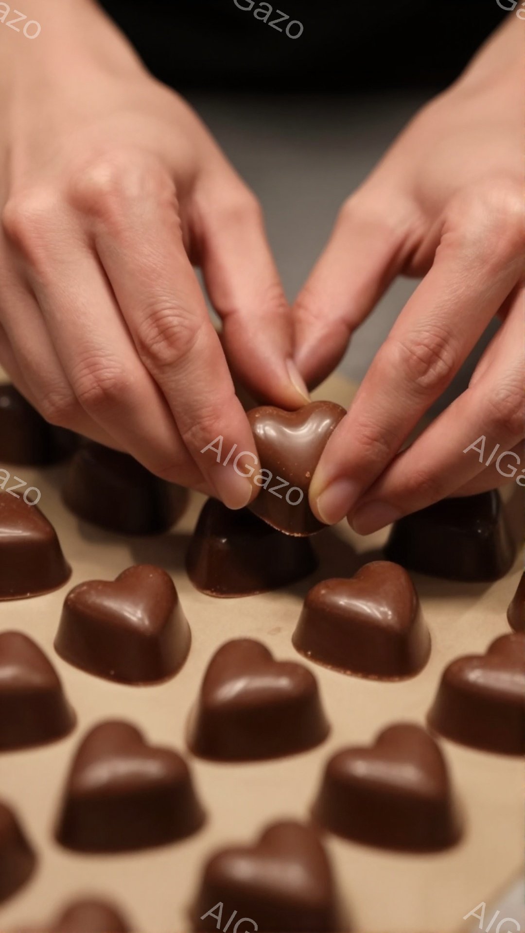 画像は、茶色のハート型のチョコレートを並べている様子を捉えています。指先で一つを丁寧につまみ上げている手と、紙の上に整然と並べられた他のチョコレートが映っています。背景はぼやけており、チョコレート製造の作業風景であることがうかがえます。