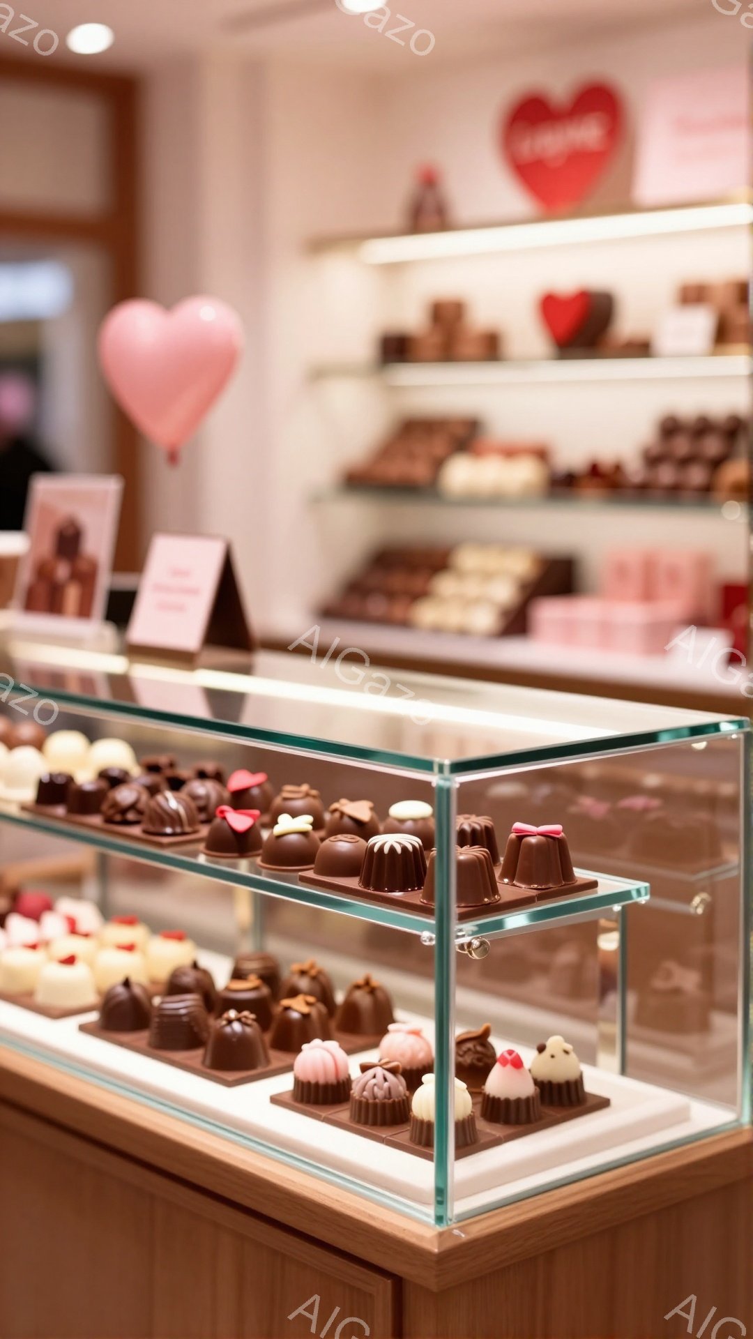 ショーケースの中に様々なチョコレートが並べられています。チョコレートは茶色、ピンク、白など様々な色で、それぞれに可愛らしい装飾が施されています。背景にはさらに多くのチョコレートが積み重ねられた棚が見え - AI生成フリー素材