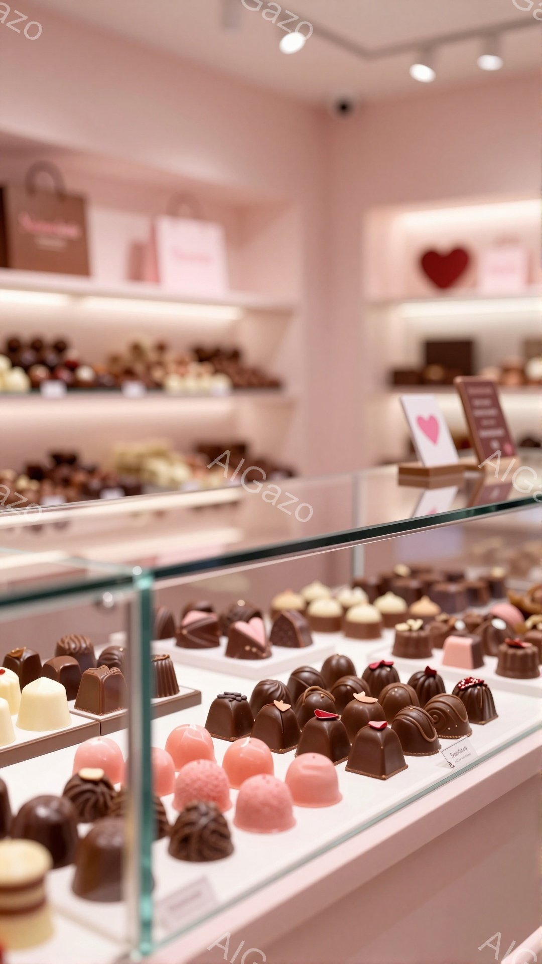 店内は淡いピンク色を基調としており、ショーケースには様々なチョコレートが整然と並べられています。チョコレートは、明るいピンクや茶色、白など、色とりどりで、可愛らしいハートの形のものも見られます。全体的 - AI生成フリー素材